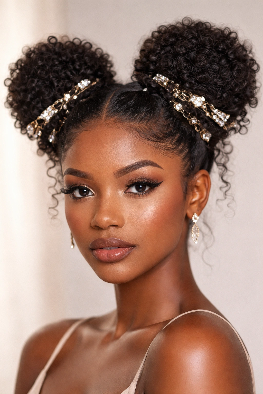 Close-up of space buns with metallic cuffs and rhinestone clips on coily hair