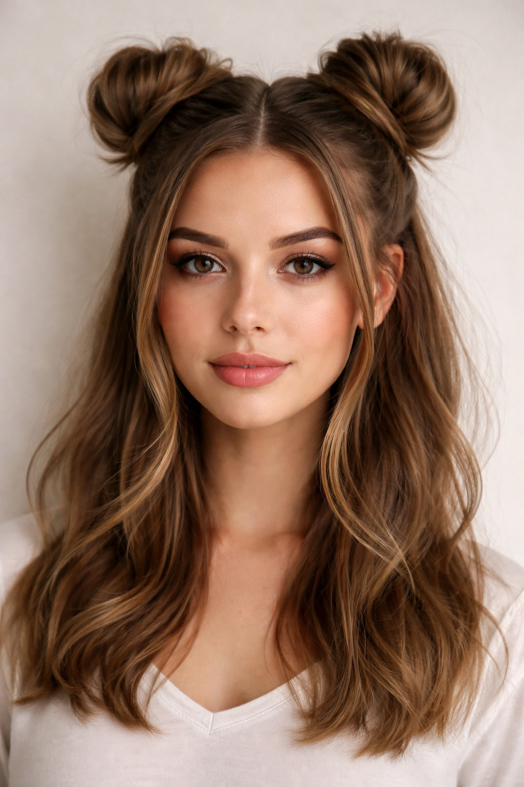 Front view of classic centered space buns on medium-length hair with flowing bottom half