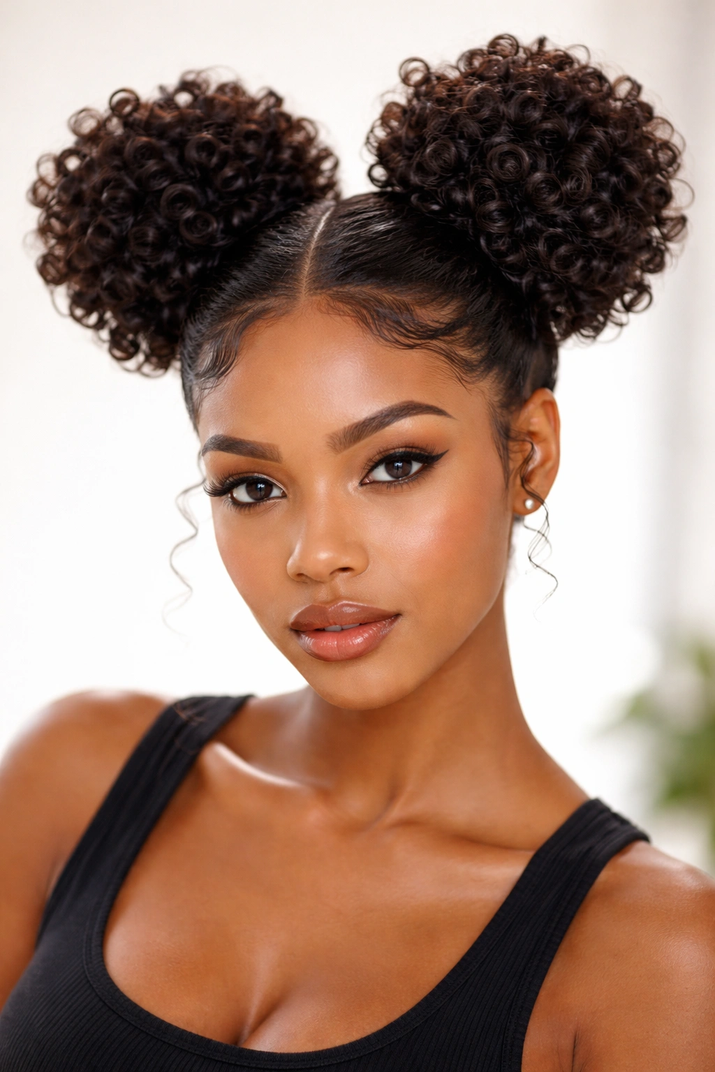 Two space buns with defined coils on thick natural hair