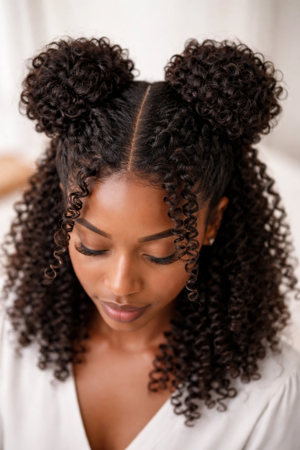 Space buns hairstyle with coil texture and loose coils around crown area.