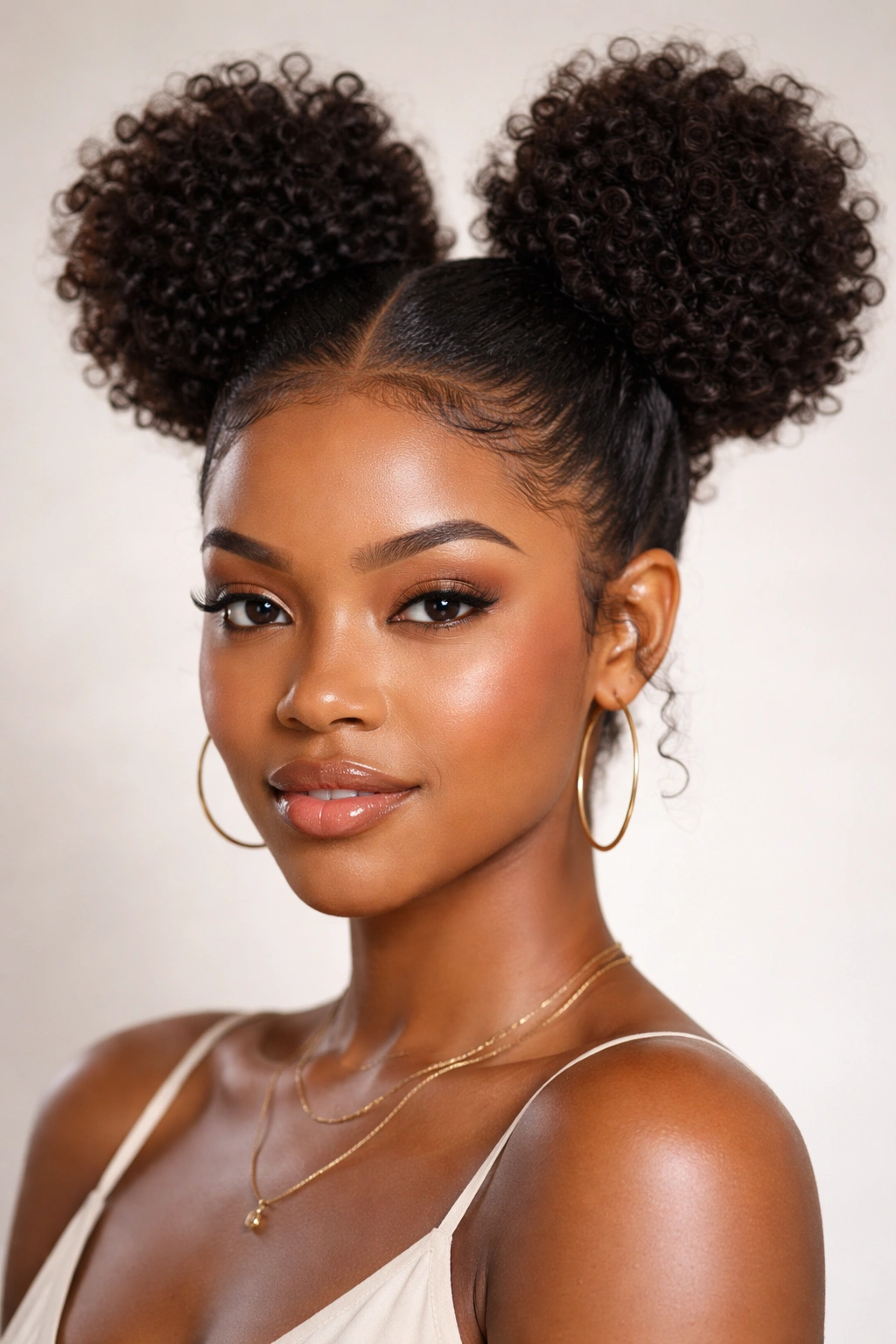 Close-up of Classic High Space Buns on voluminous coily hair with two high buns