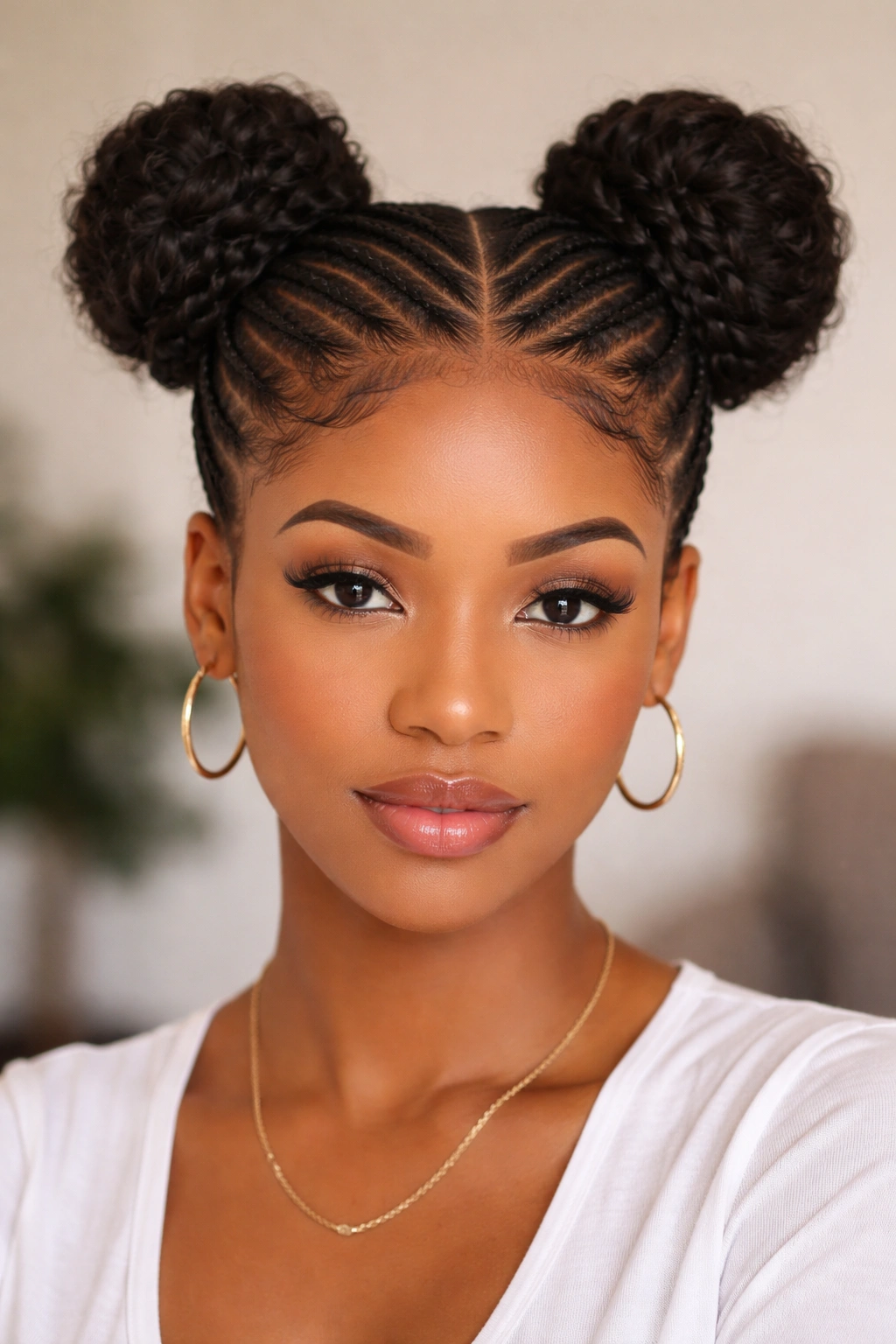 Close-up of classic round space buns with feed-in cornrows at crown, symmetrical and neat