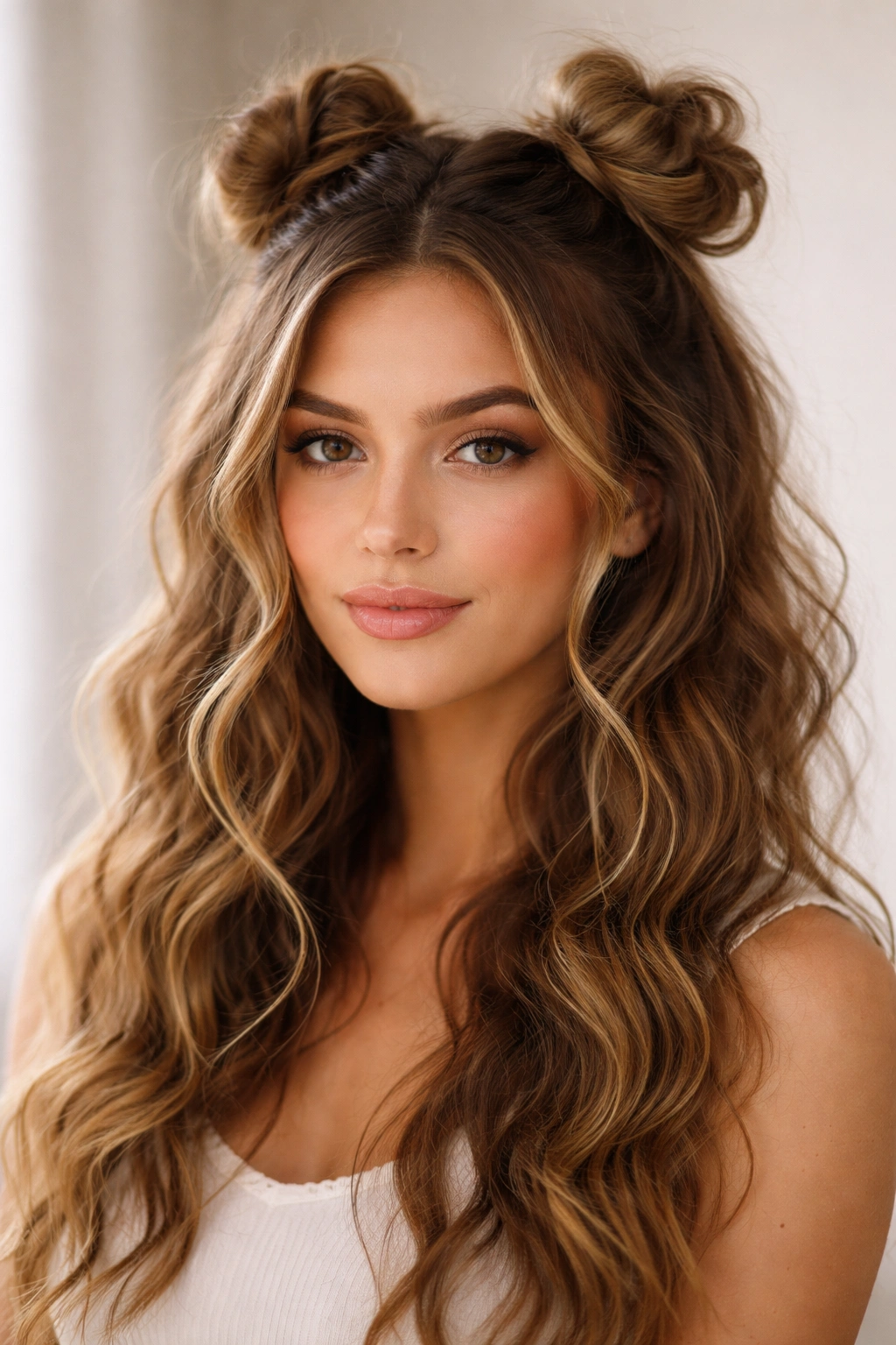 Close-up of half-up space buns hairstyle on curly hair with loose strands