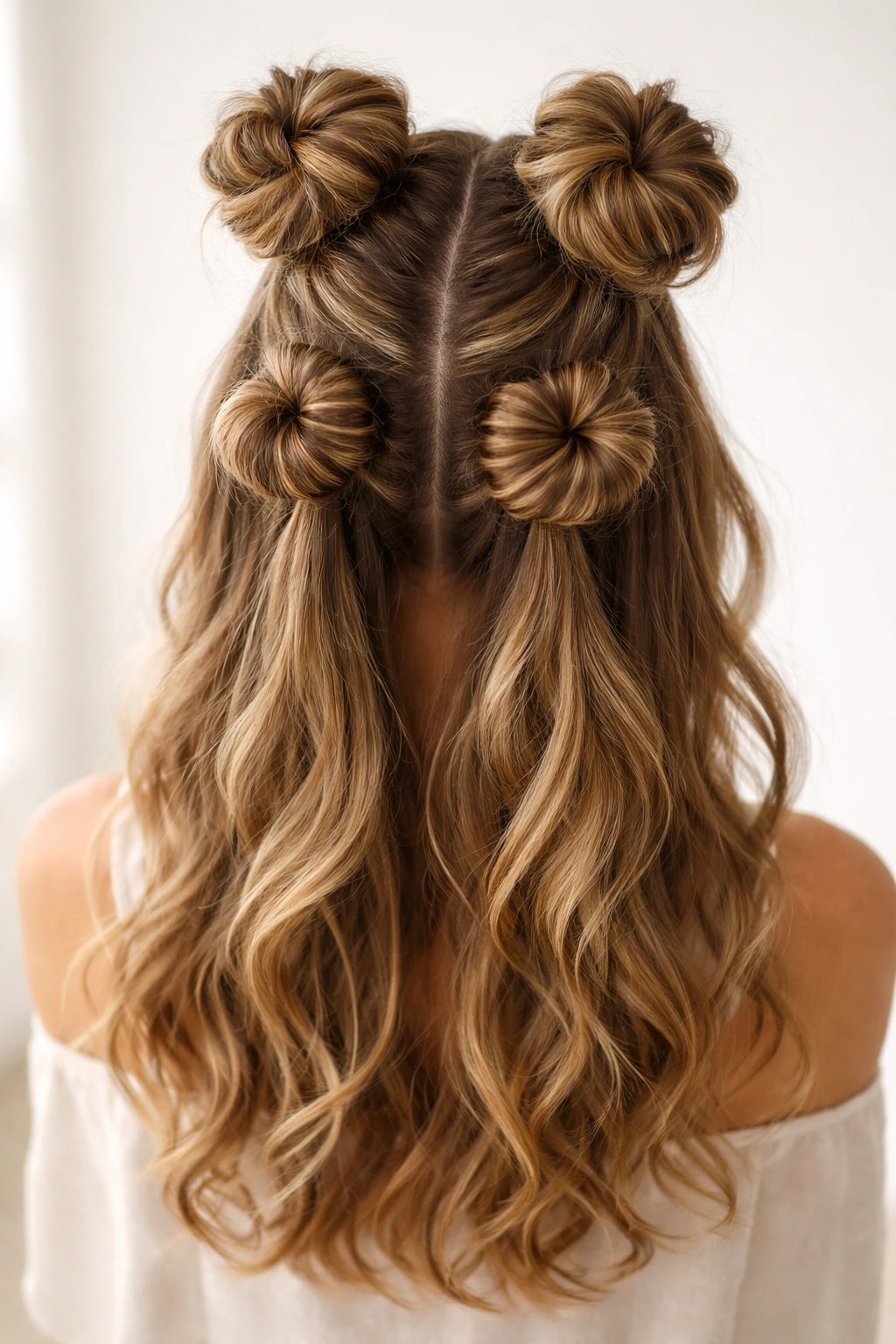 Four-bun double-stacked space buns at crown
