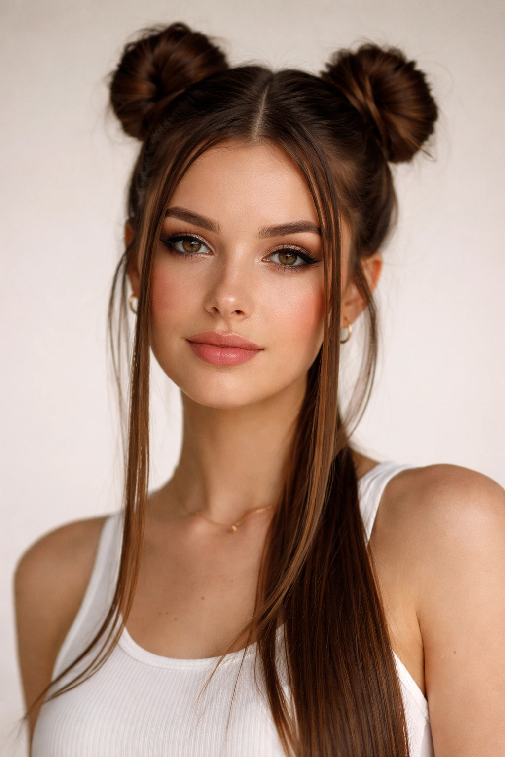 Space buns with face-framing strands along the sides of the face on straight hair.