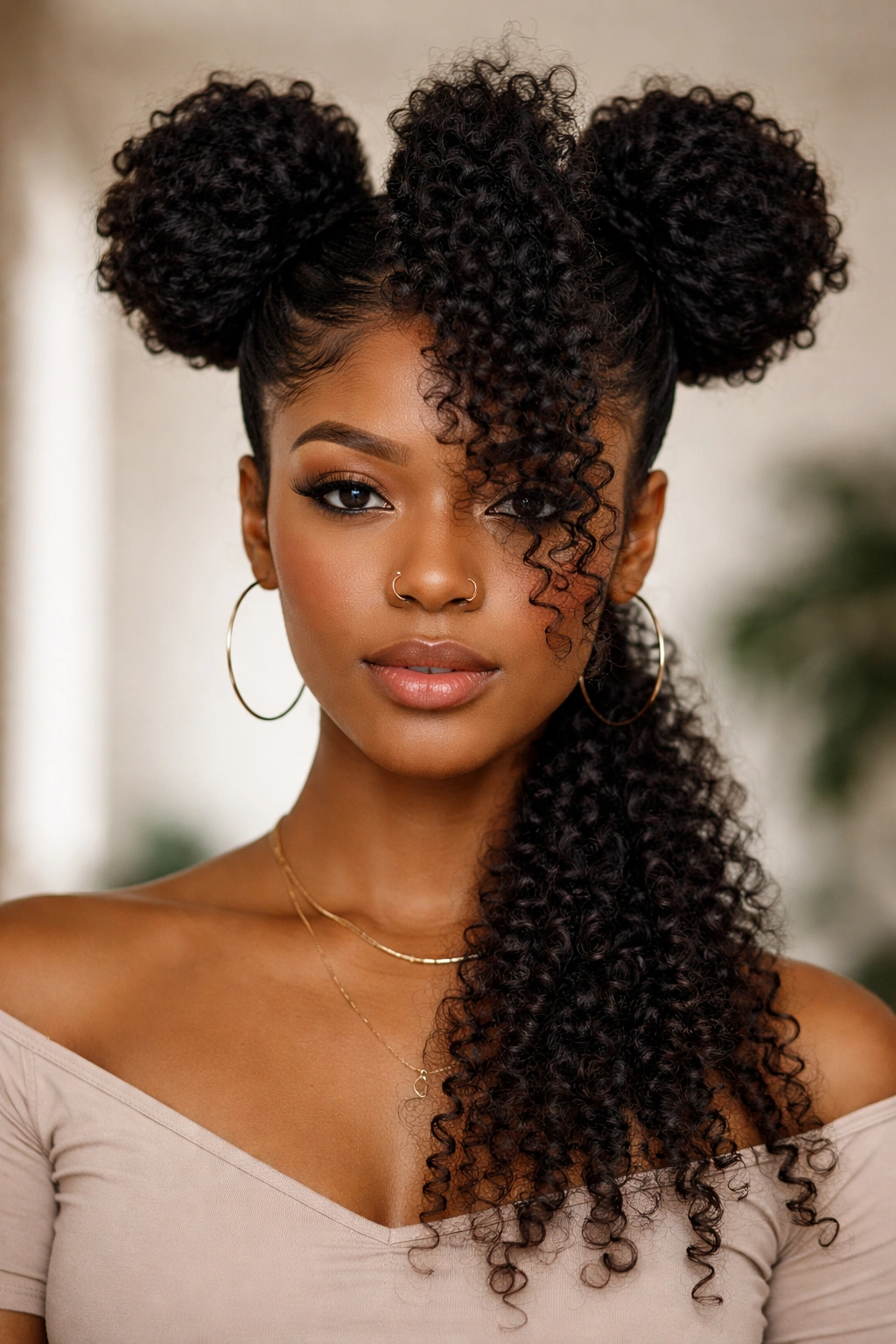 Space buns on sides with a loose center strip forming a faux hawk on coily hair