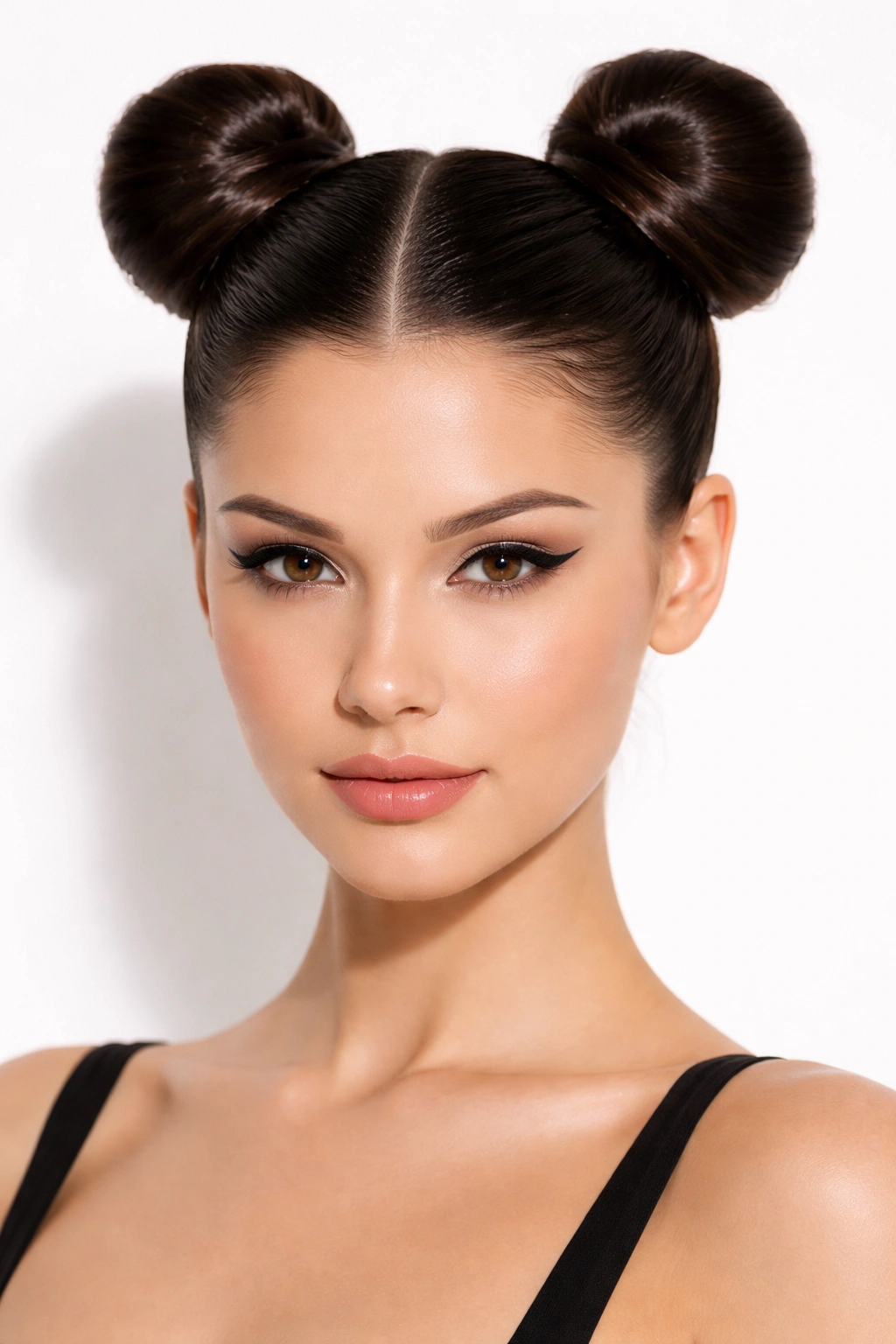 Close-up of glossy, symmetrical space buns with a smooth center part on straight hair.