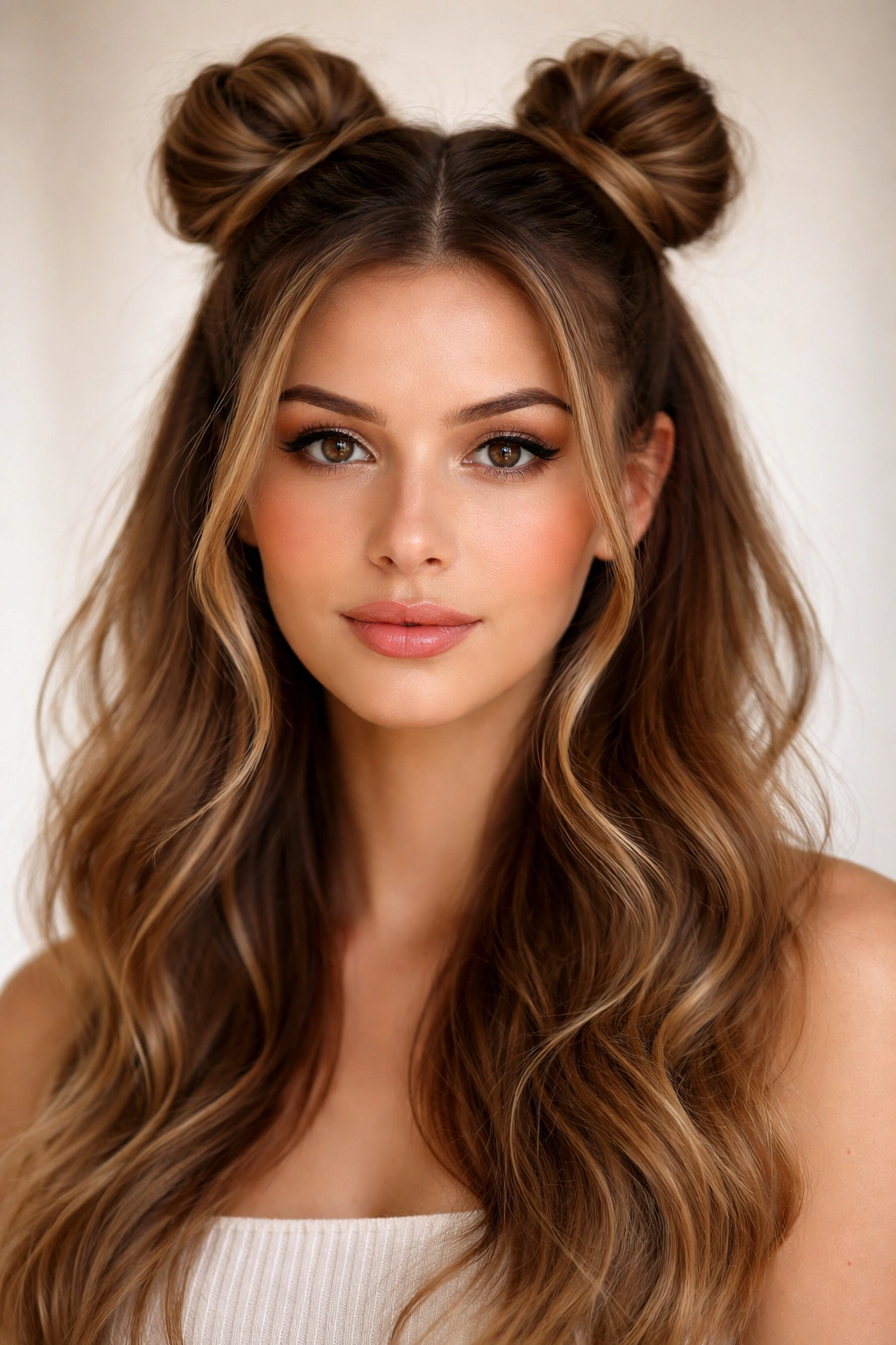 Close-up portrait of a person with half up half down space buns in a neutral studio setting