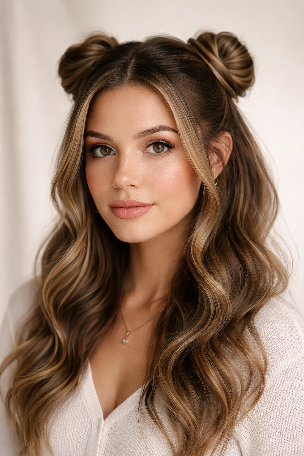 Close-up of a person with low half-up space buns and soft waves in a neutral studio