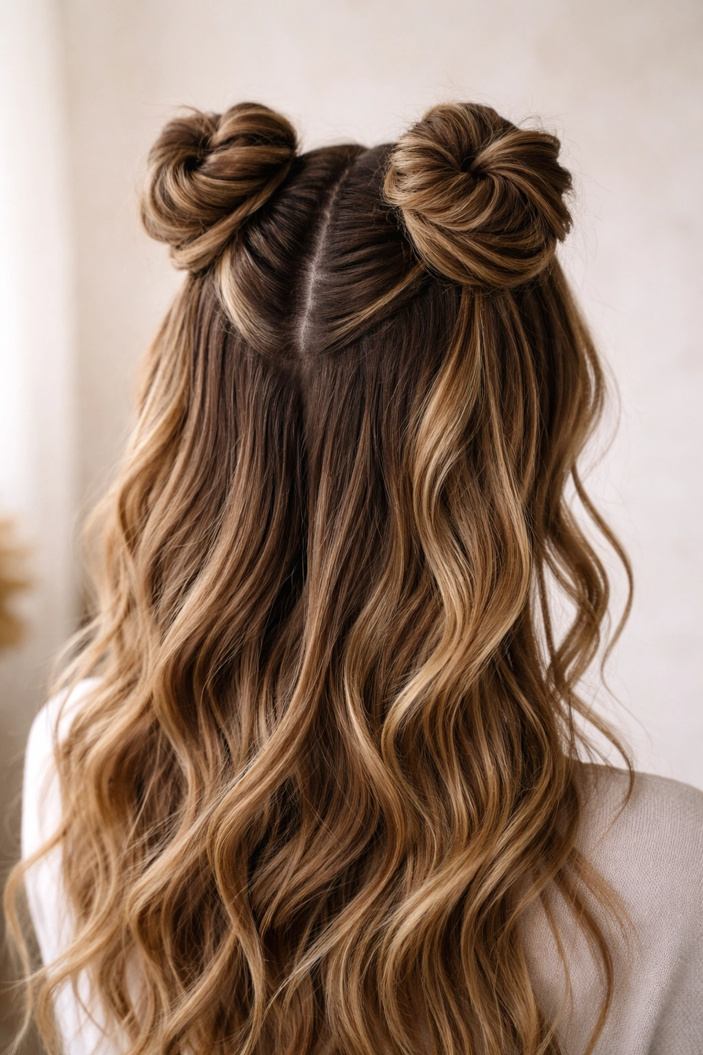 Close-up of classic twisted half up space buns at crown