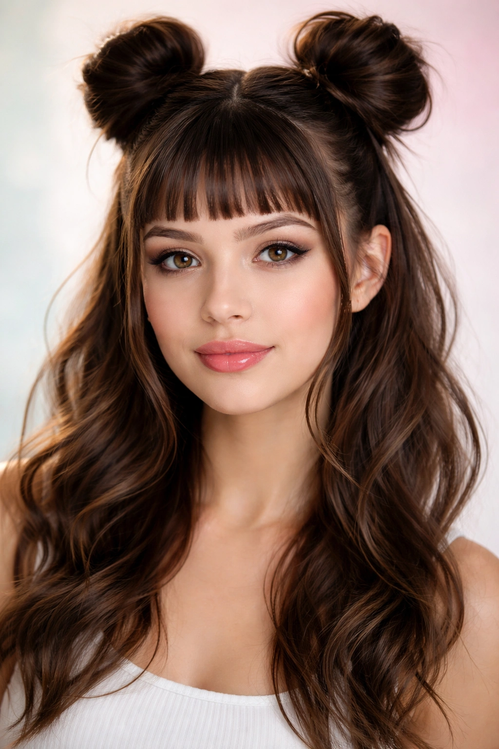 Playful half-up space buns with micro bangs on a model