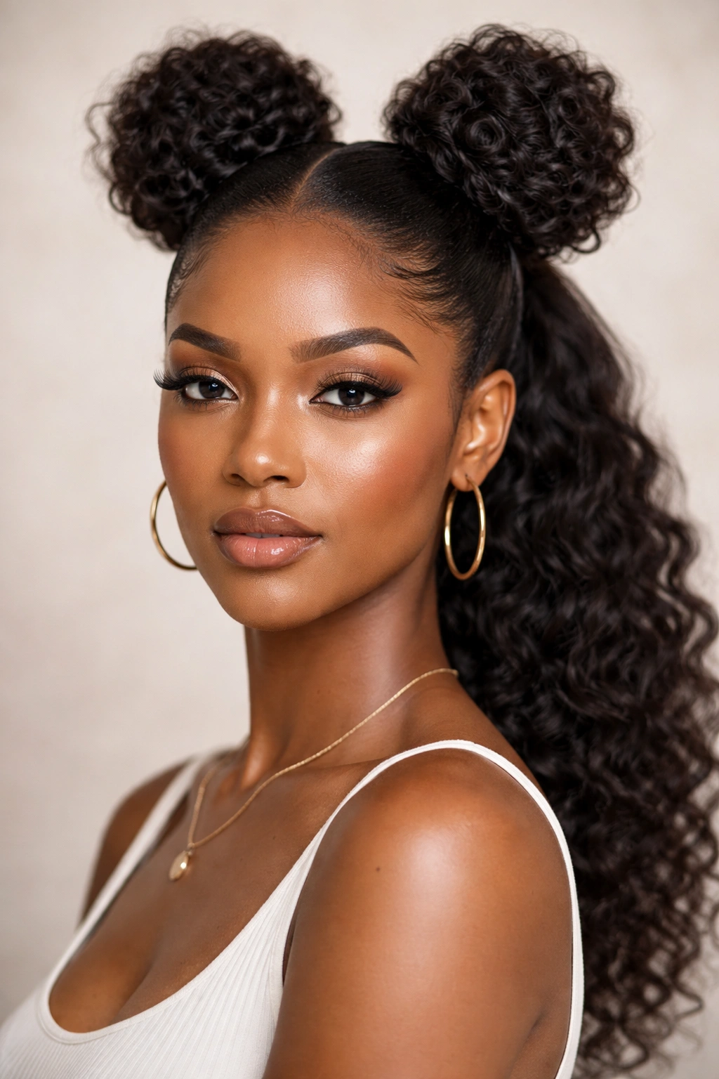 Close-up of space buns ponytail hairstyle on a Black woman with afro-textured hair
