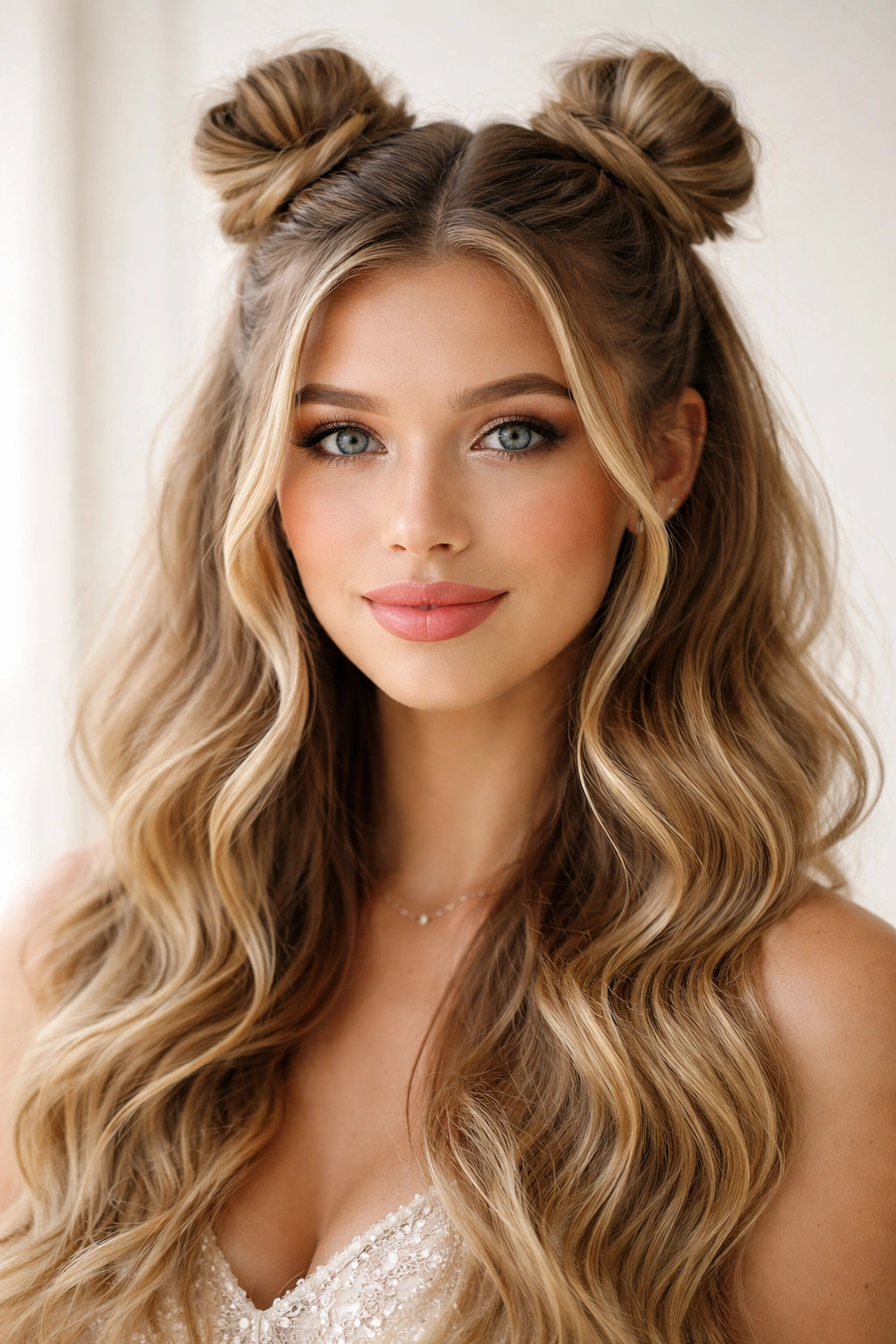 Close-up of two space buns atop the head with loose waves for prom