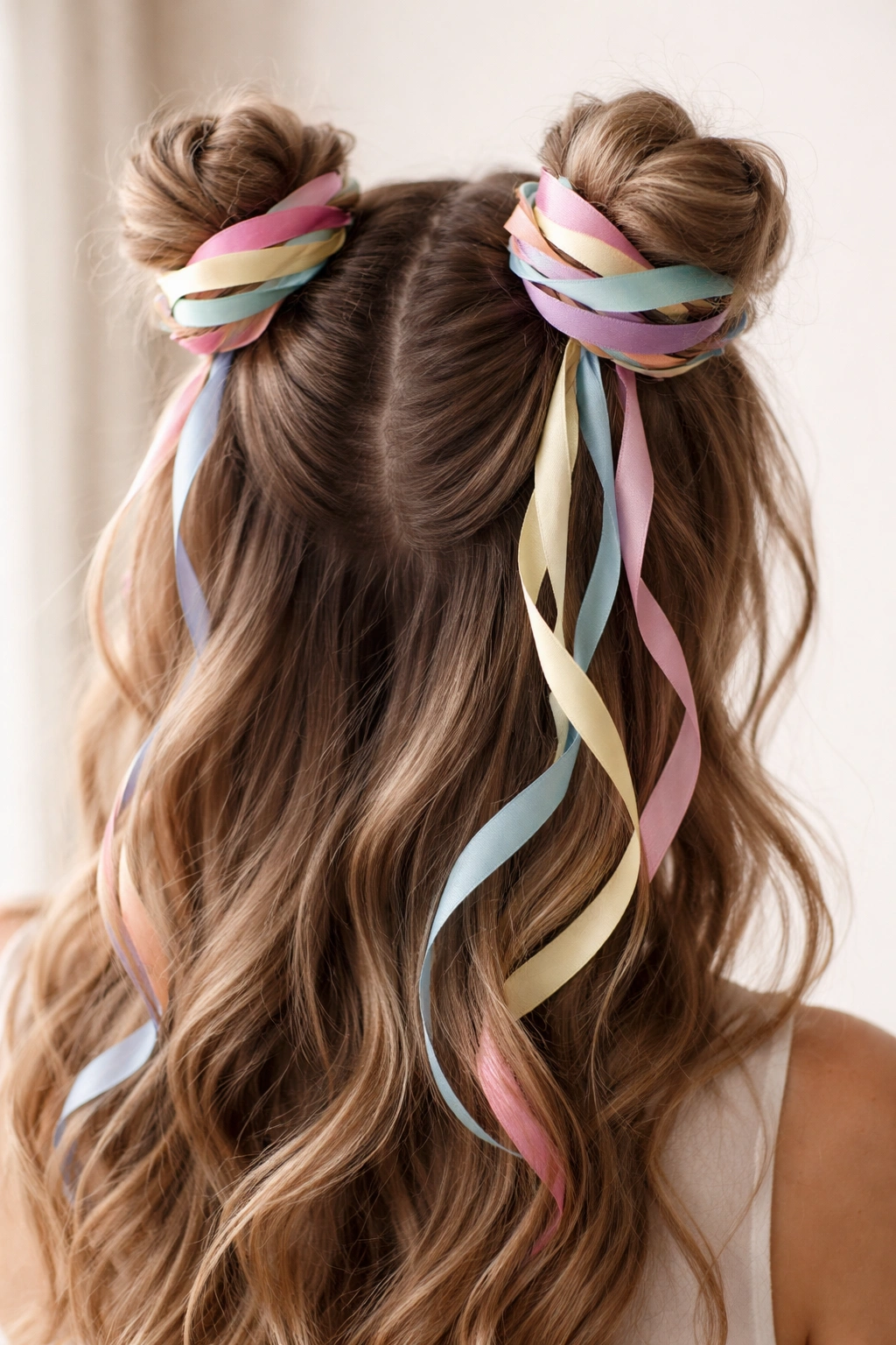 Ribbon-wrapped space buns with colorful ribbons