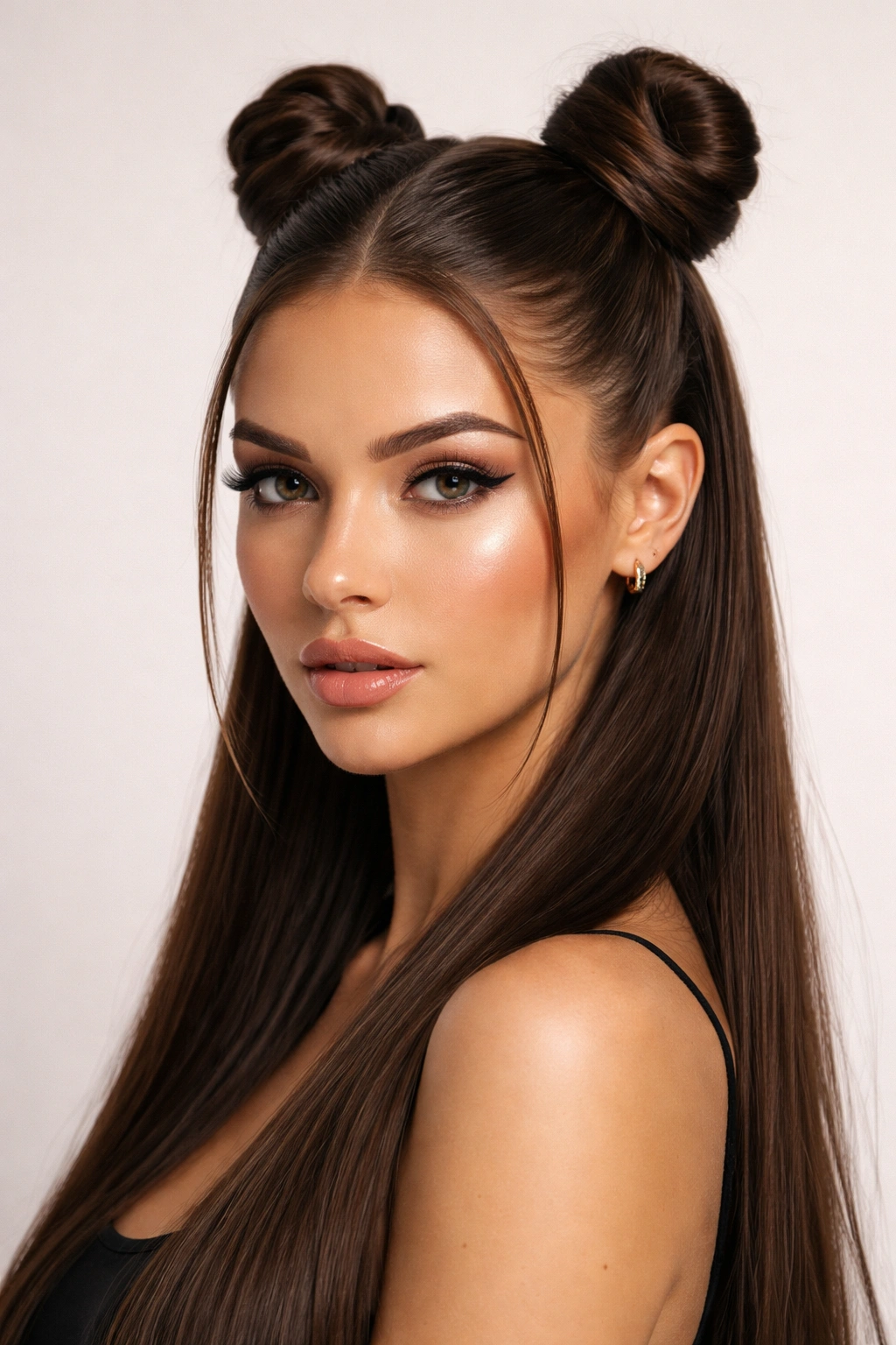 Sleek slicked half up space buns with glossy finish