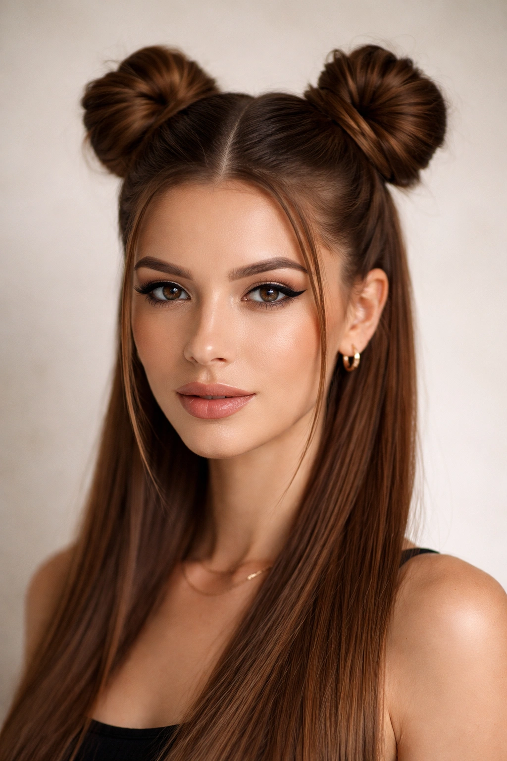 Close-up of two sleek space buns on straight hair with a clean middle part, studio lighting.