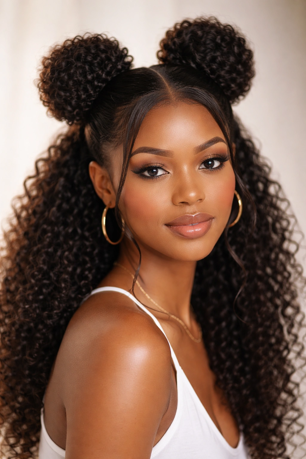 Close-up of The Swooped Space Buns showing two crown buns with swooped sections