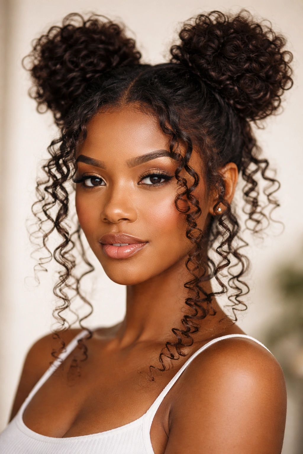 Close-up of Space Buns with Curly Tendrils featuring face-framing curls