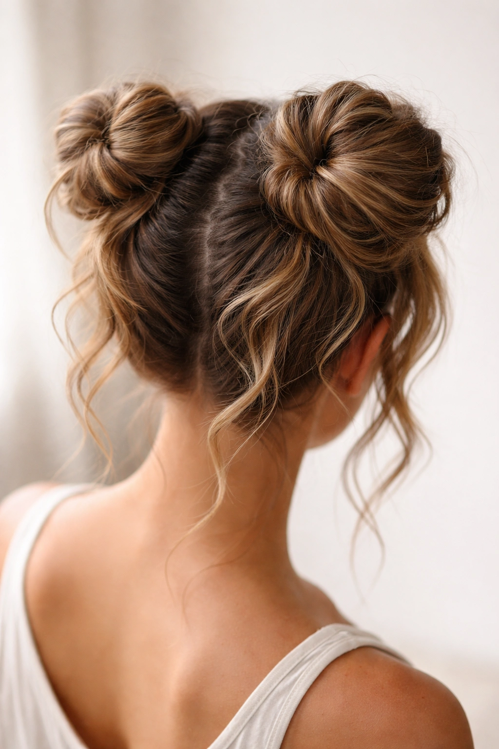 Twisted double buns with texture on wavy hair