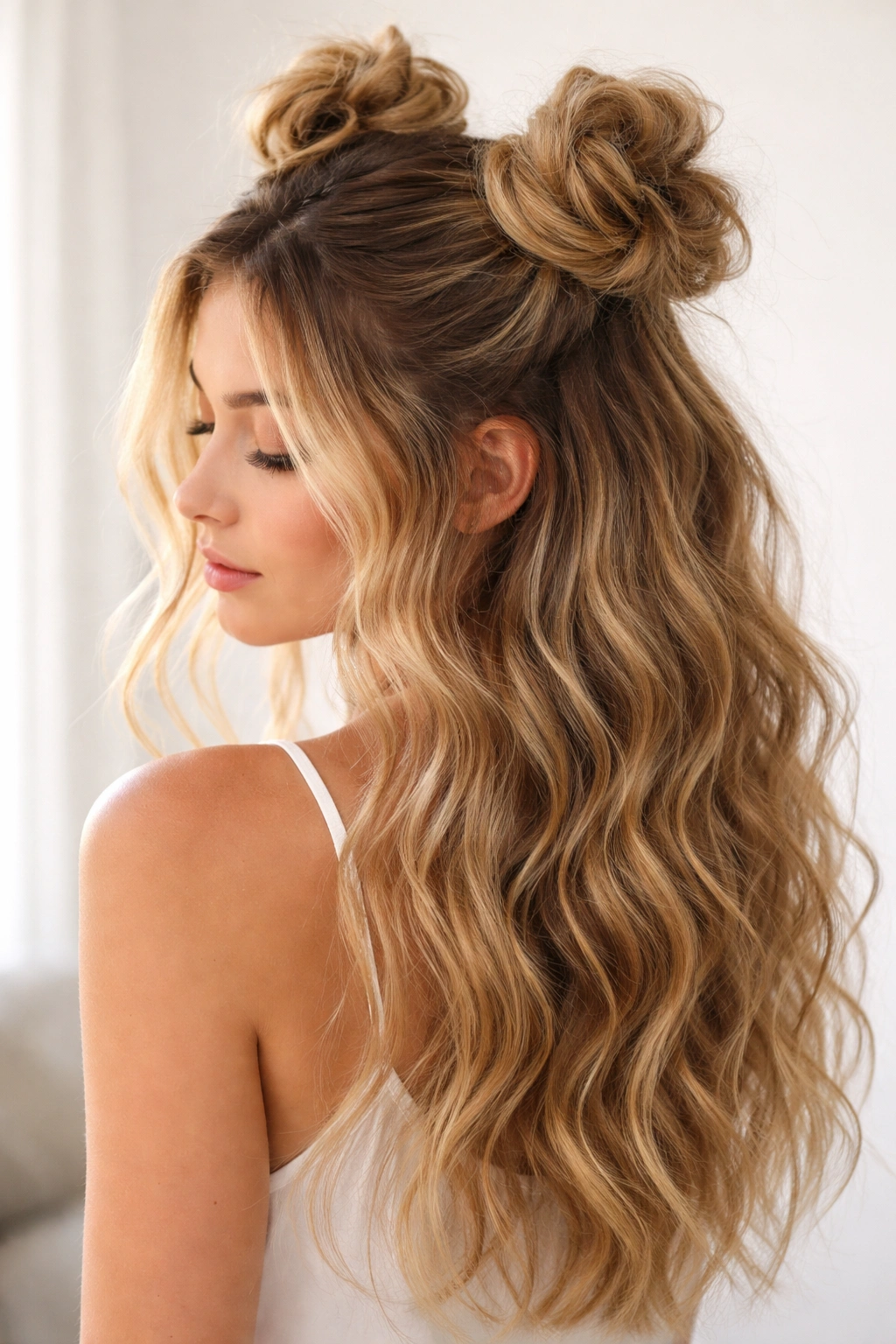 Textured buns with messy waves hairstyle
