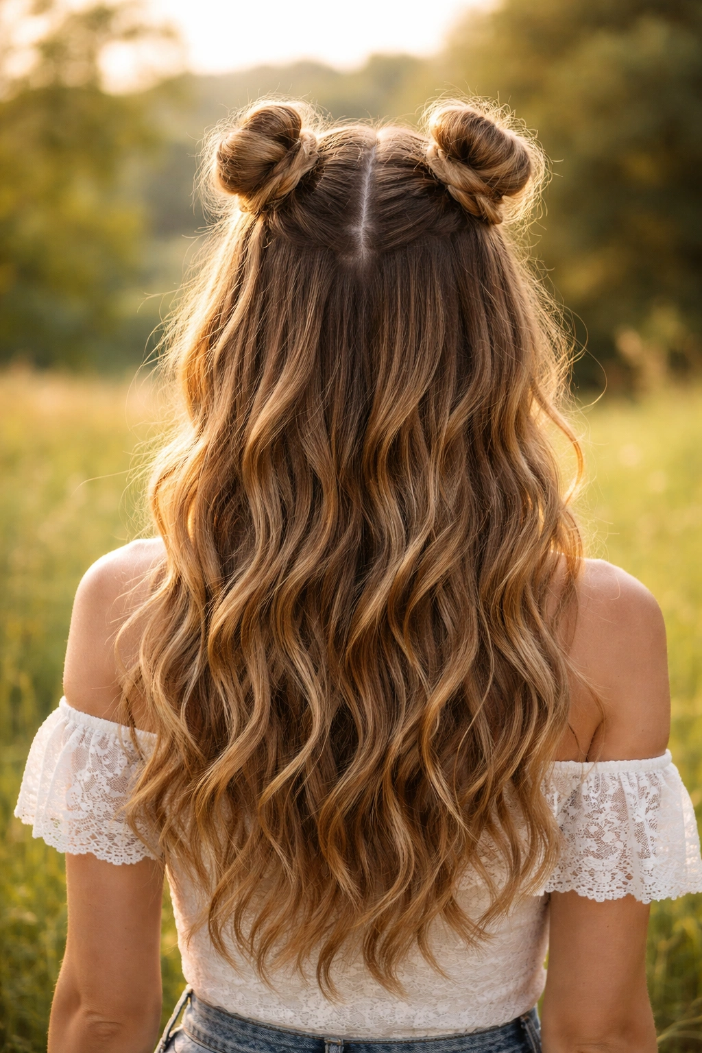Half-up space buns with soft waves hairstyle