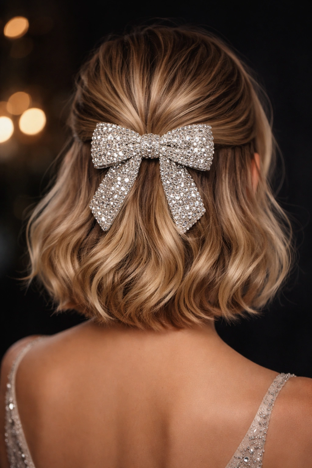 Sparkly crystal bow securing a half-up hairstyle on short hair