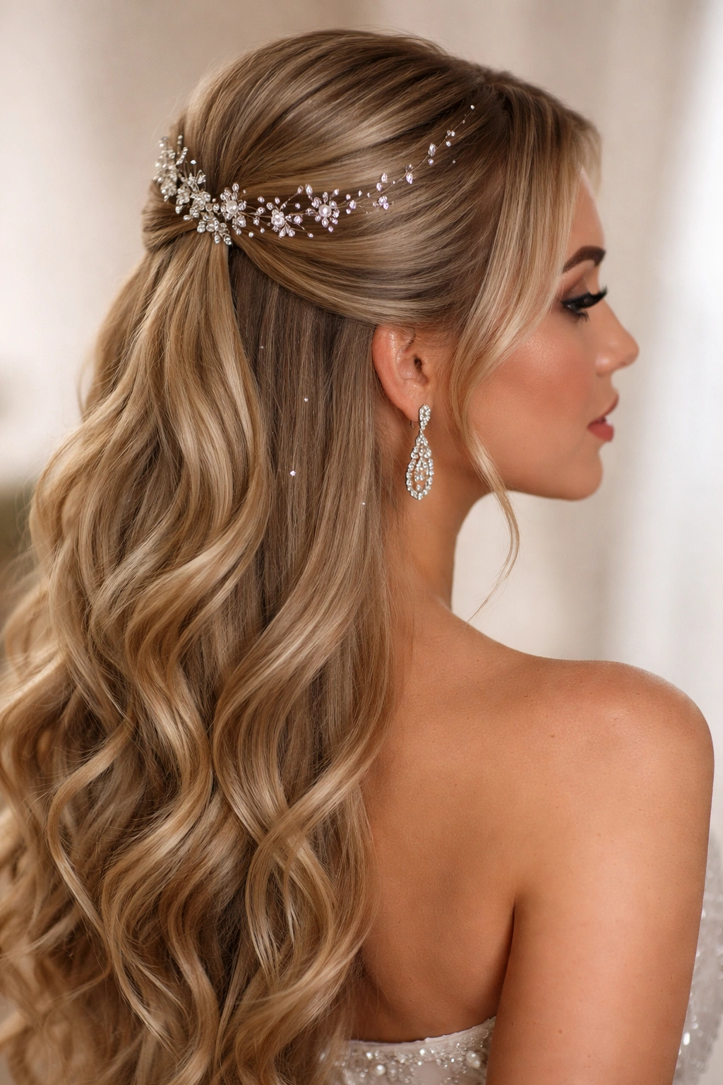 Sparkly half-up hairstyle with crystals at crown and decorative pins