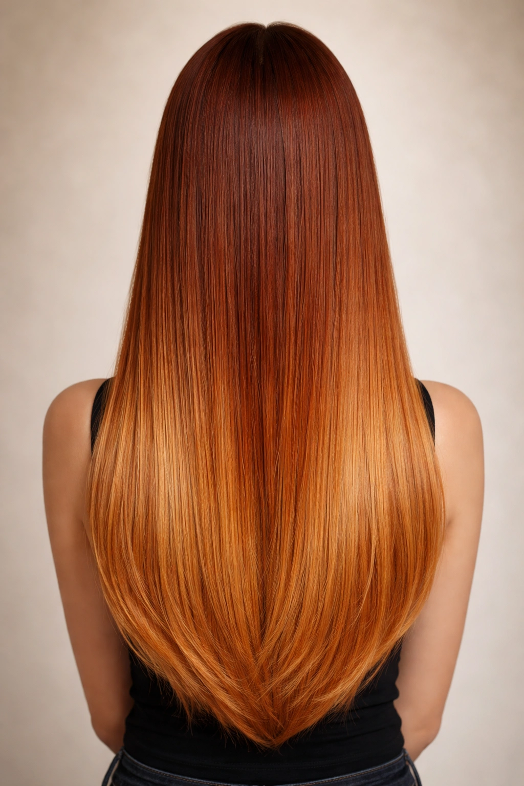Close-up of spiced ginger ombre on straight hair showing gradient from dark roots to light ends