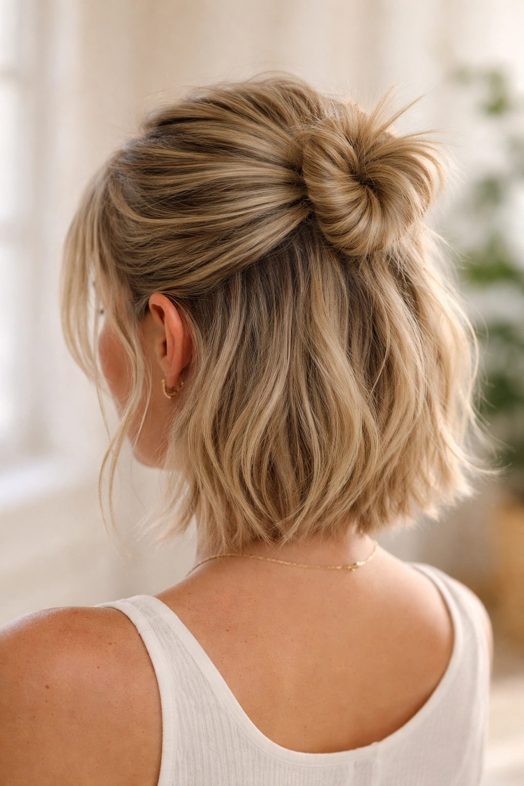 Back view of a small, textured spiky bun half-up on fine hair