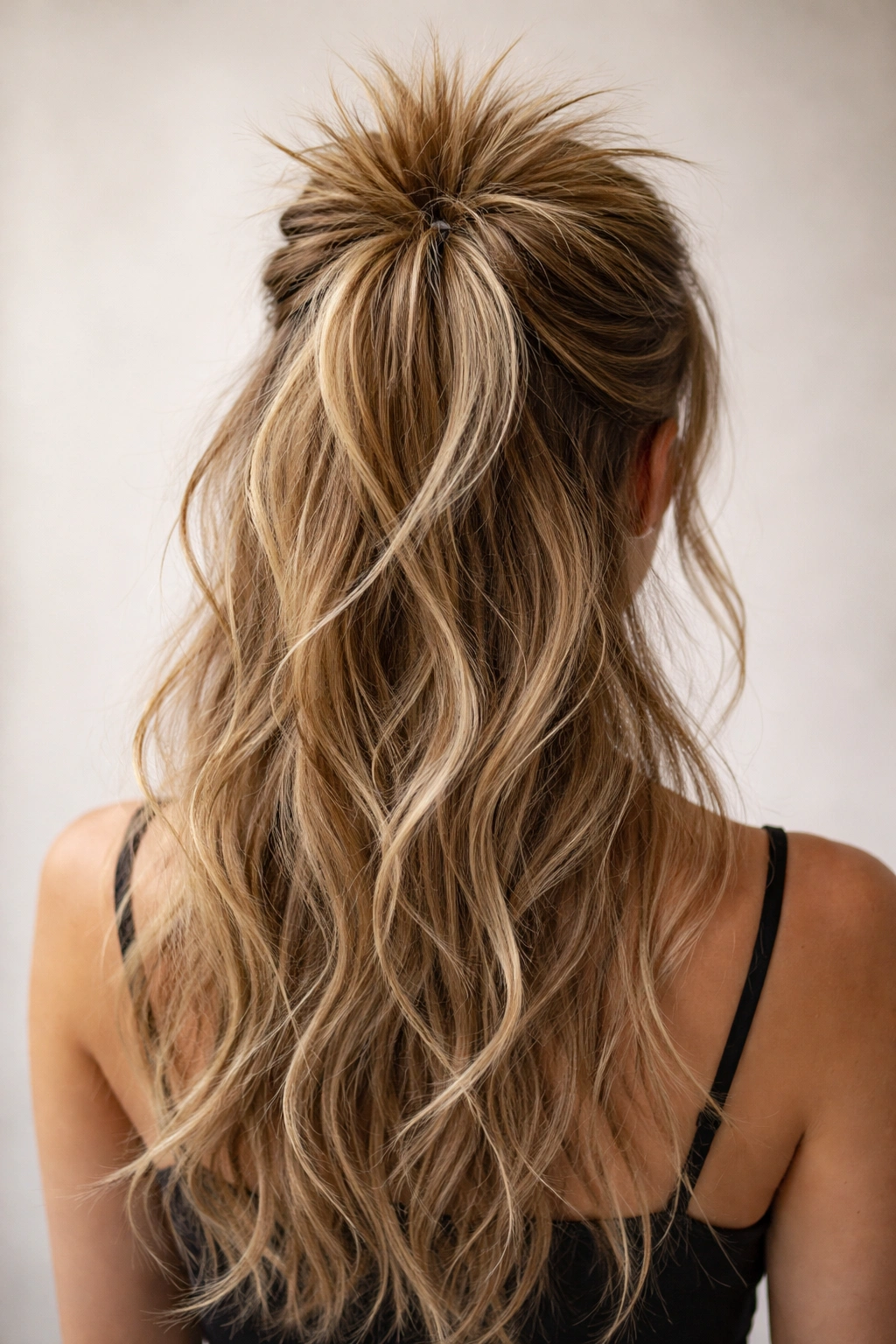 Teased crown with spiky texture and half-up hair gathered at the back.