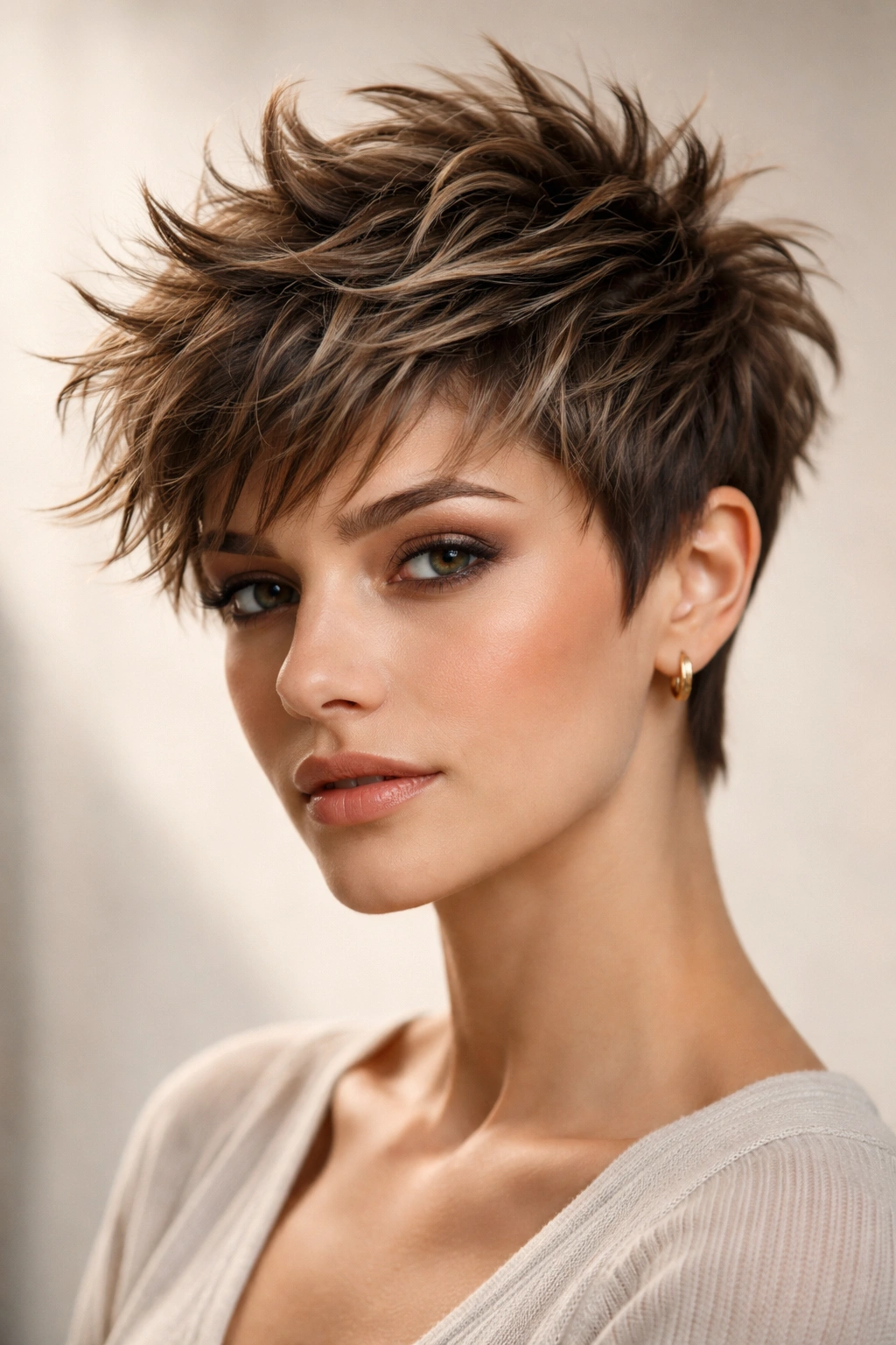 Close-up of spiky texture wave pixie with multi-directional layers