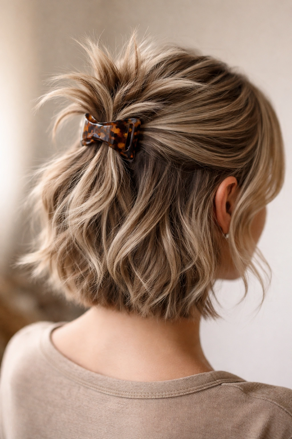 Close-up of Spiky Textured Half-Up with teased crown and spikes secured by clip.