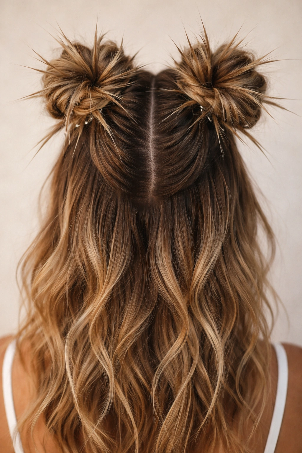 Two space buns with spike-like texture and angled pulled-out sections around the crown.