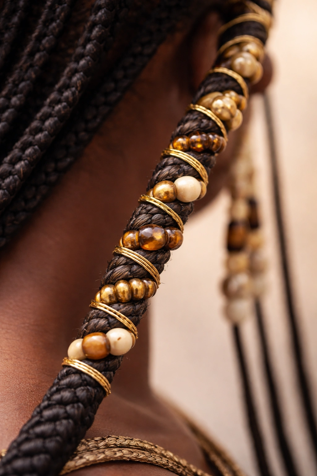 Fulani braid with spiral bead wrapping around the braid