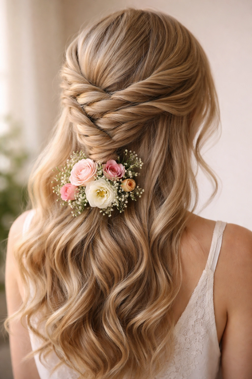 Close-up of a spiral braid half-up hairstyle with a cluster of mixed garden blooms at the base