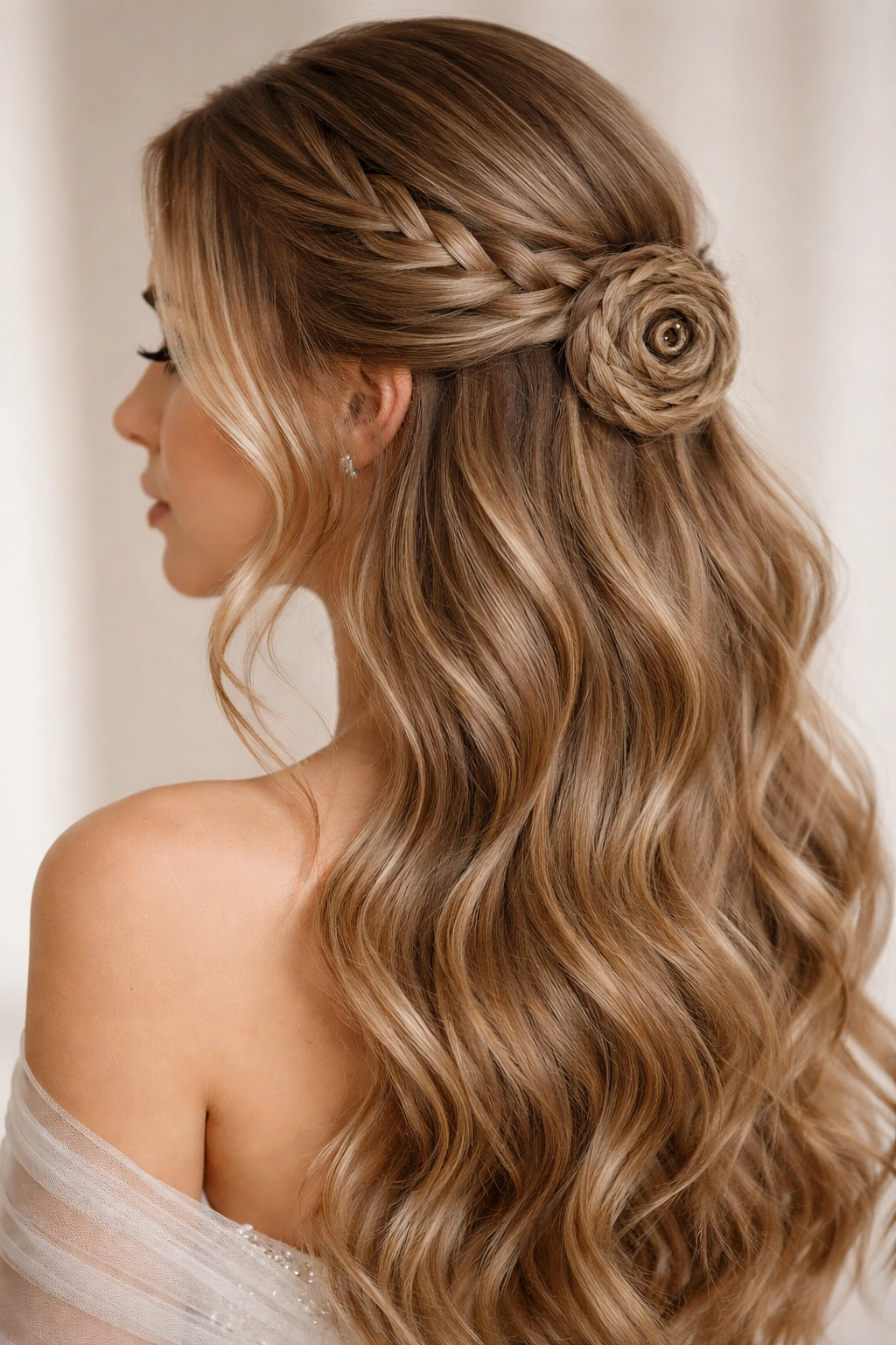 Spiral braid wrapped half-up hairstyle at ear with flowing waves