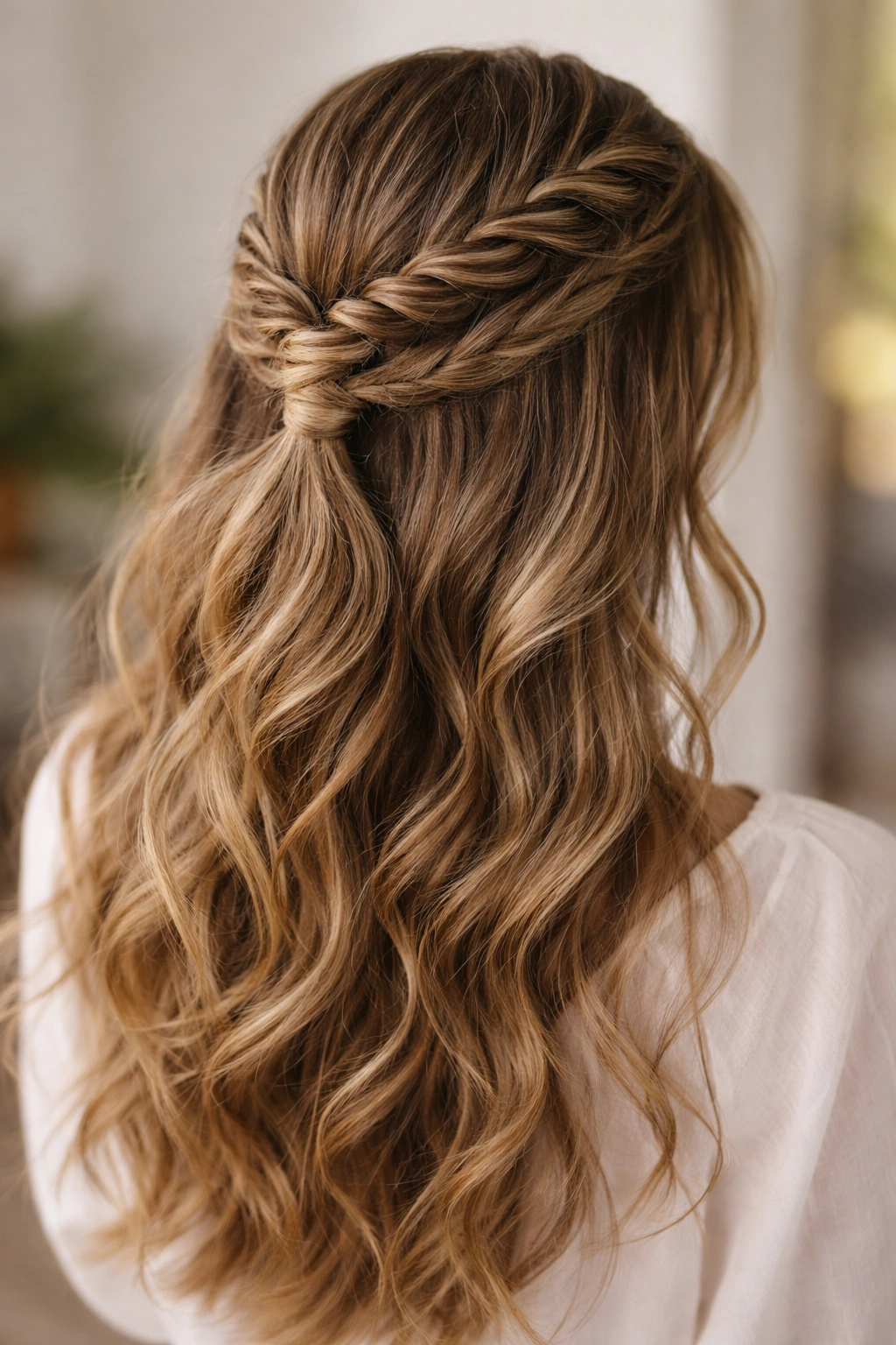 Spiral crown braid weaving around head into back with waves