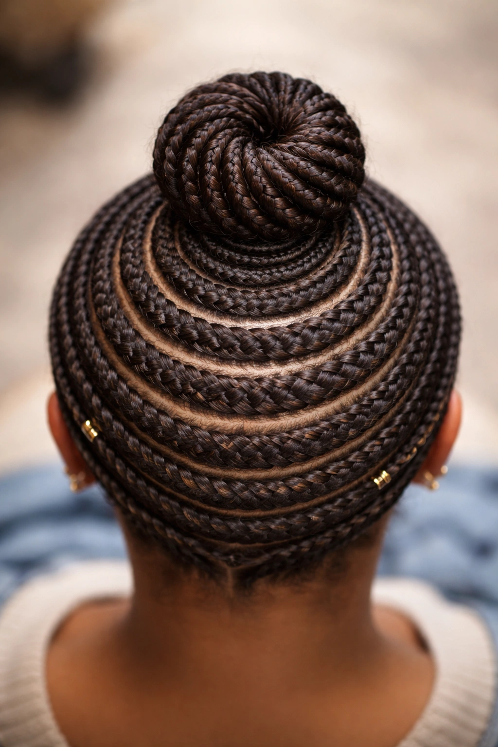 Overhead view of spiral braids circling into a central crown bun