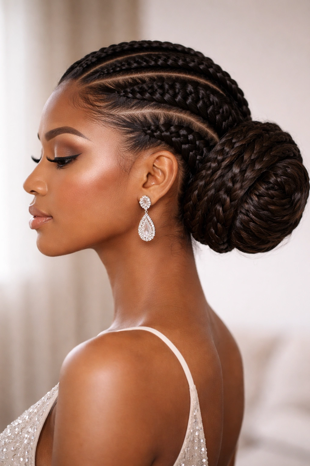 Profile of Spiral-Wrap Side Bun with spiral cornrow to side bun