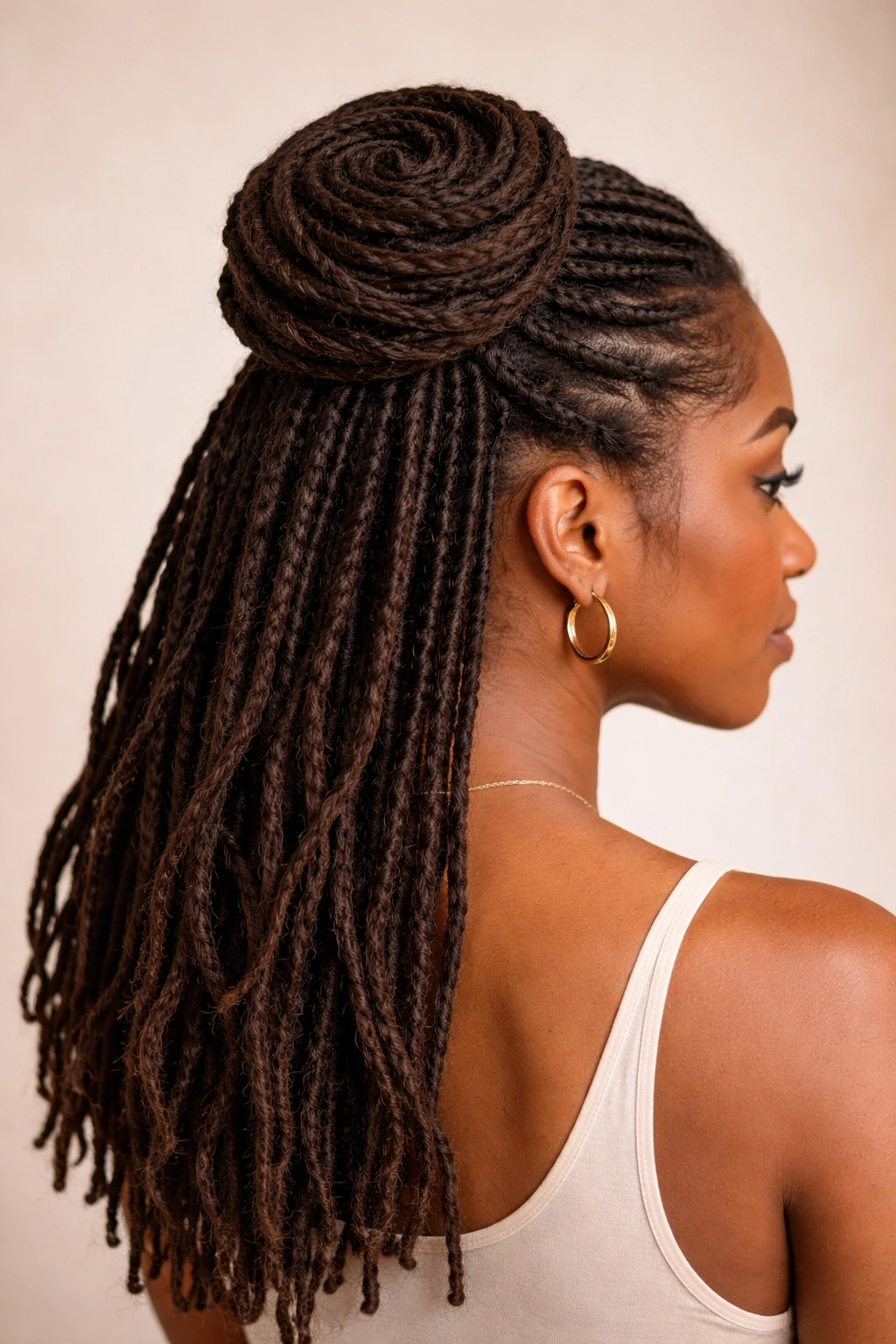 Close-up of a flat spiral bun hairstyle created with locs at crown in studio