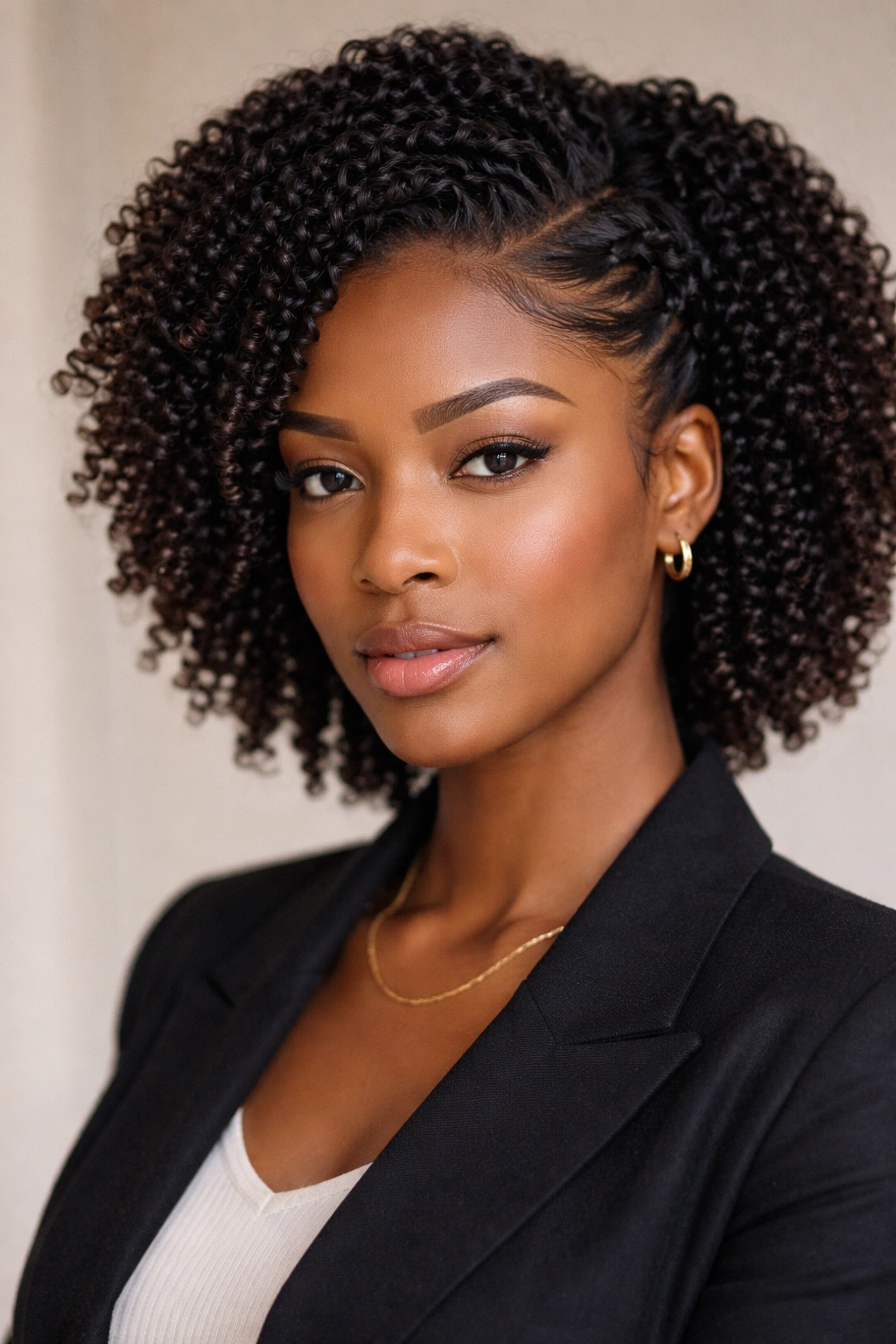 Defined spiral coils with rolled edges framing the face in a polished style.