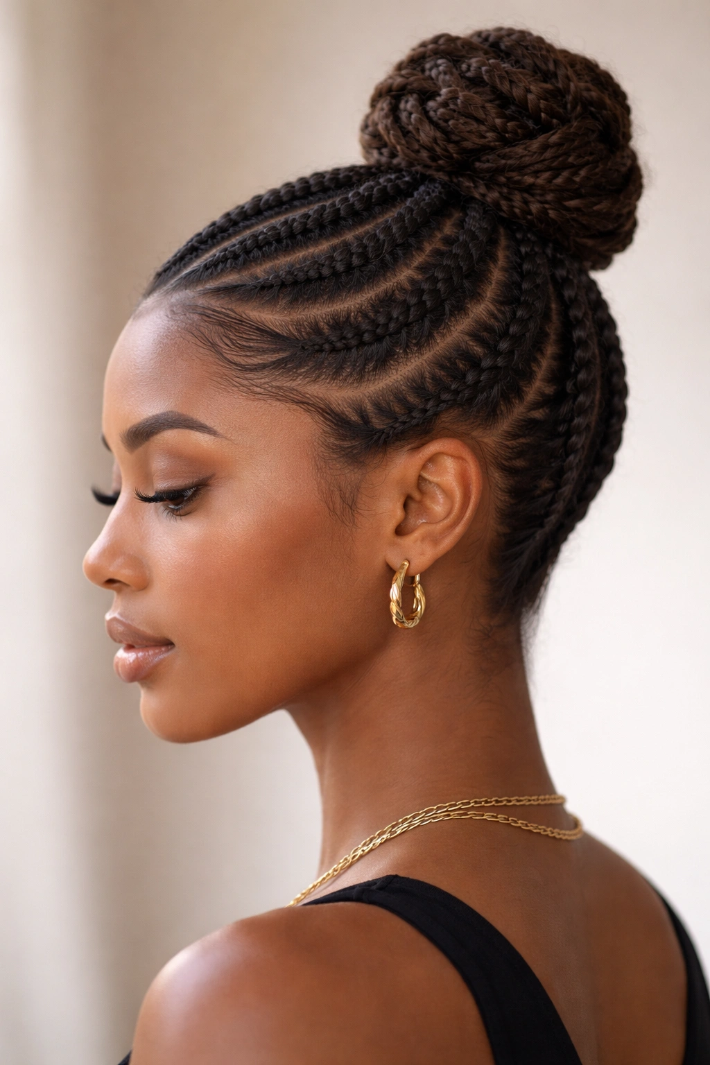 Side profile of spiral cornrow leading to a coiled topknot at the crown