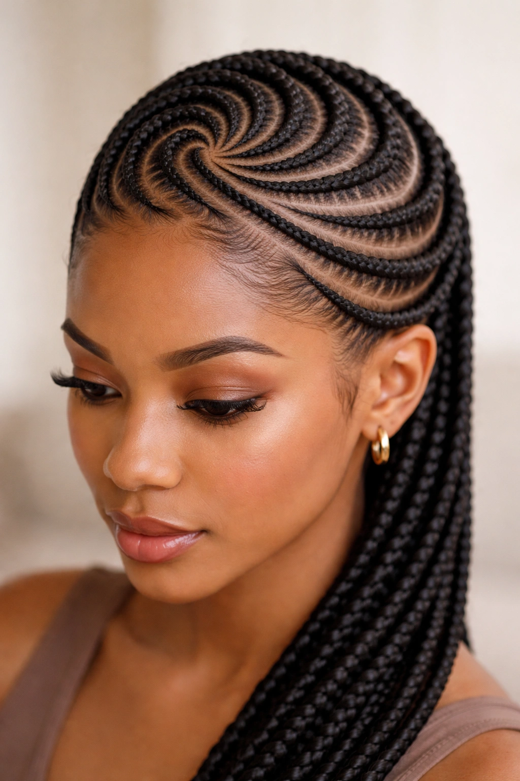 Close-up of spiral cornrows with corkscrew twists