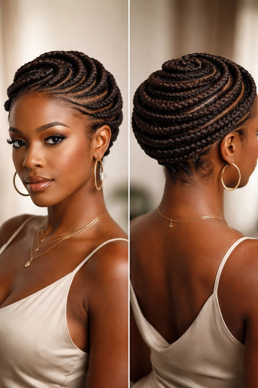 Three-dimensional spiral crown of cornrows around the head