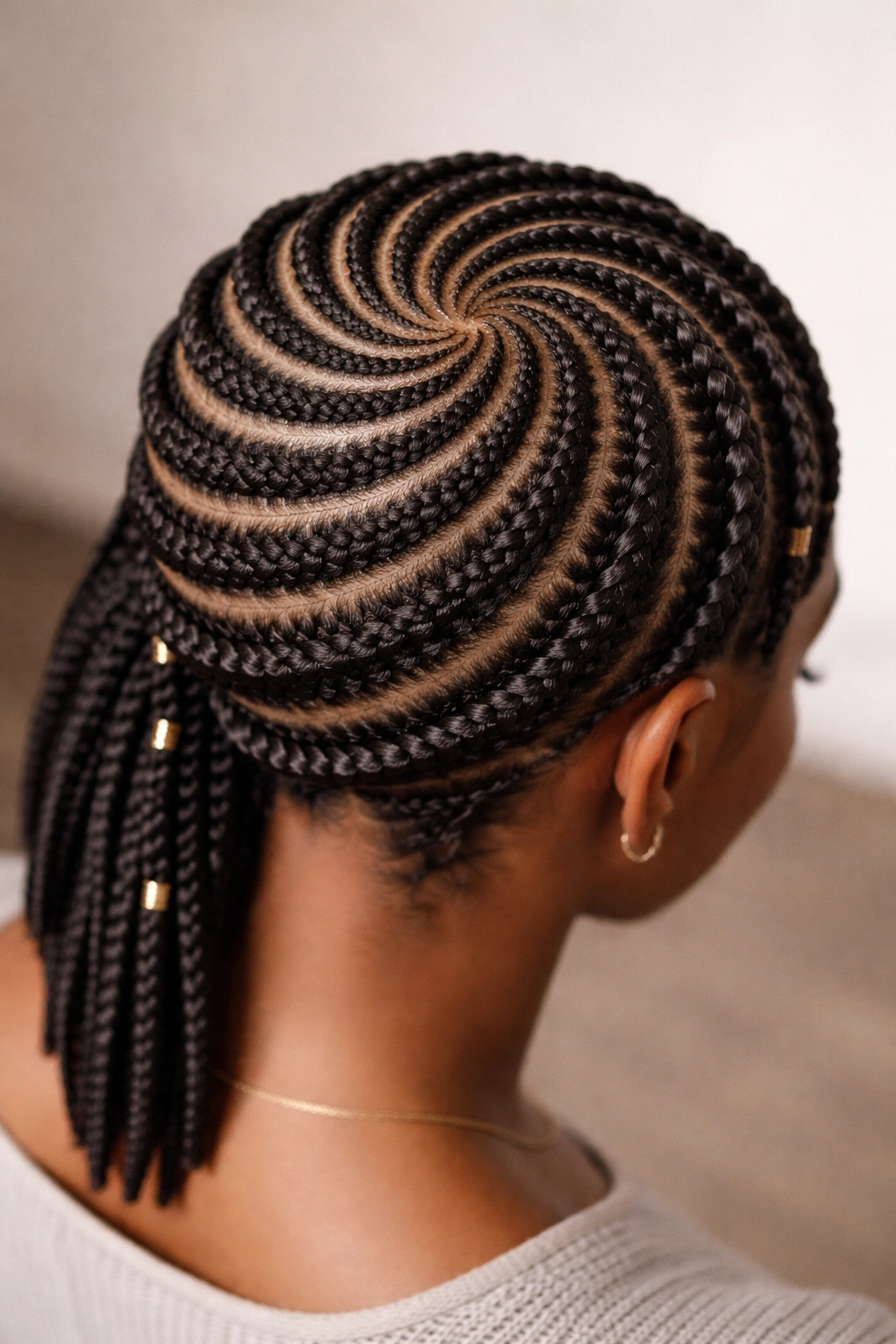 Close-up of spiral cornrows forming a crown-like pattern around the head