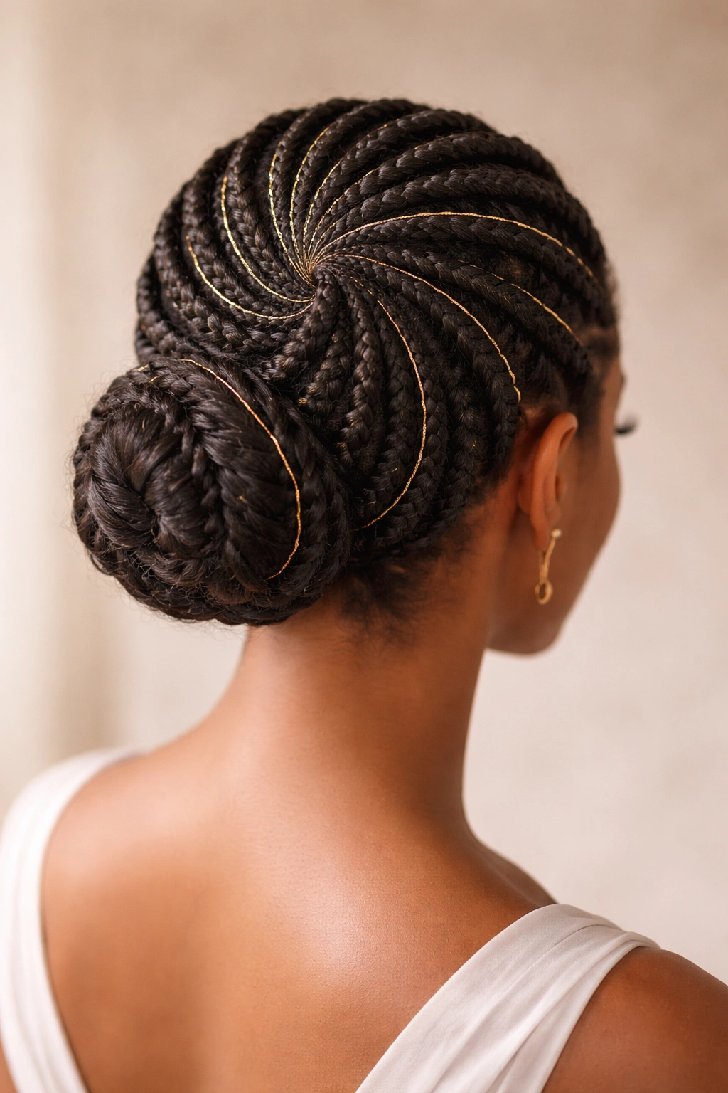 Spiral cornrow bun with gold thread detailing for wedding hairstyle