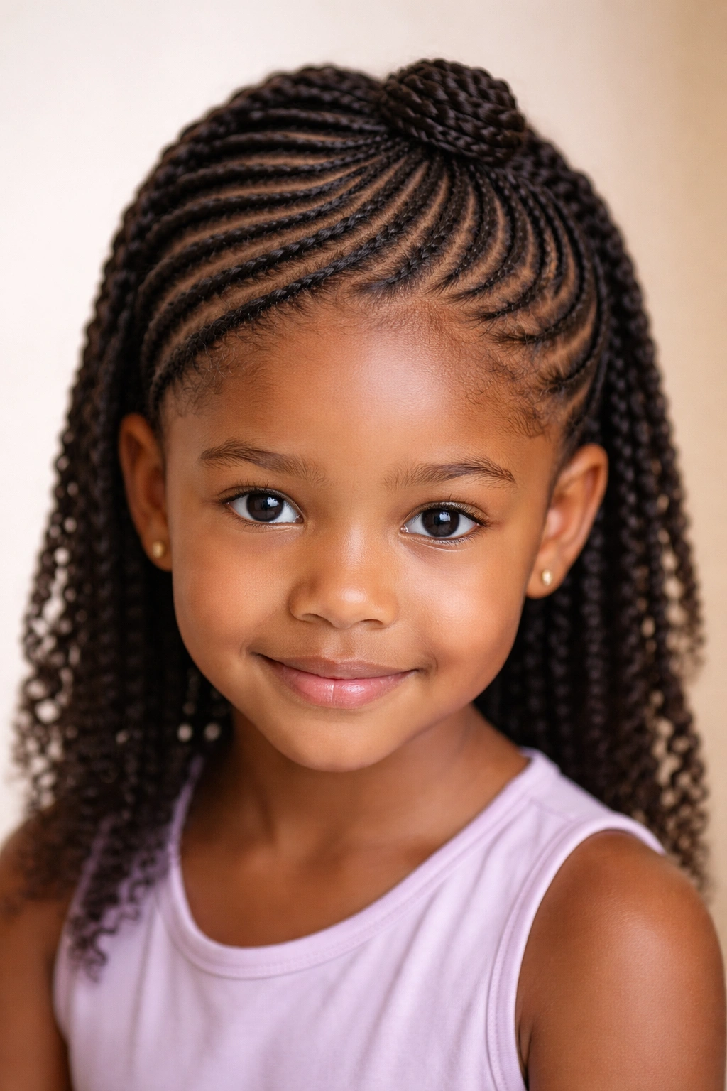 Close-up of spiral cornrows meeting at an off-center crown on a child's head.