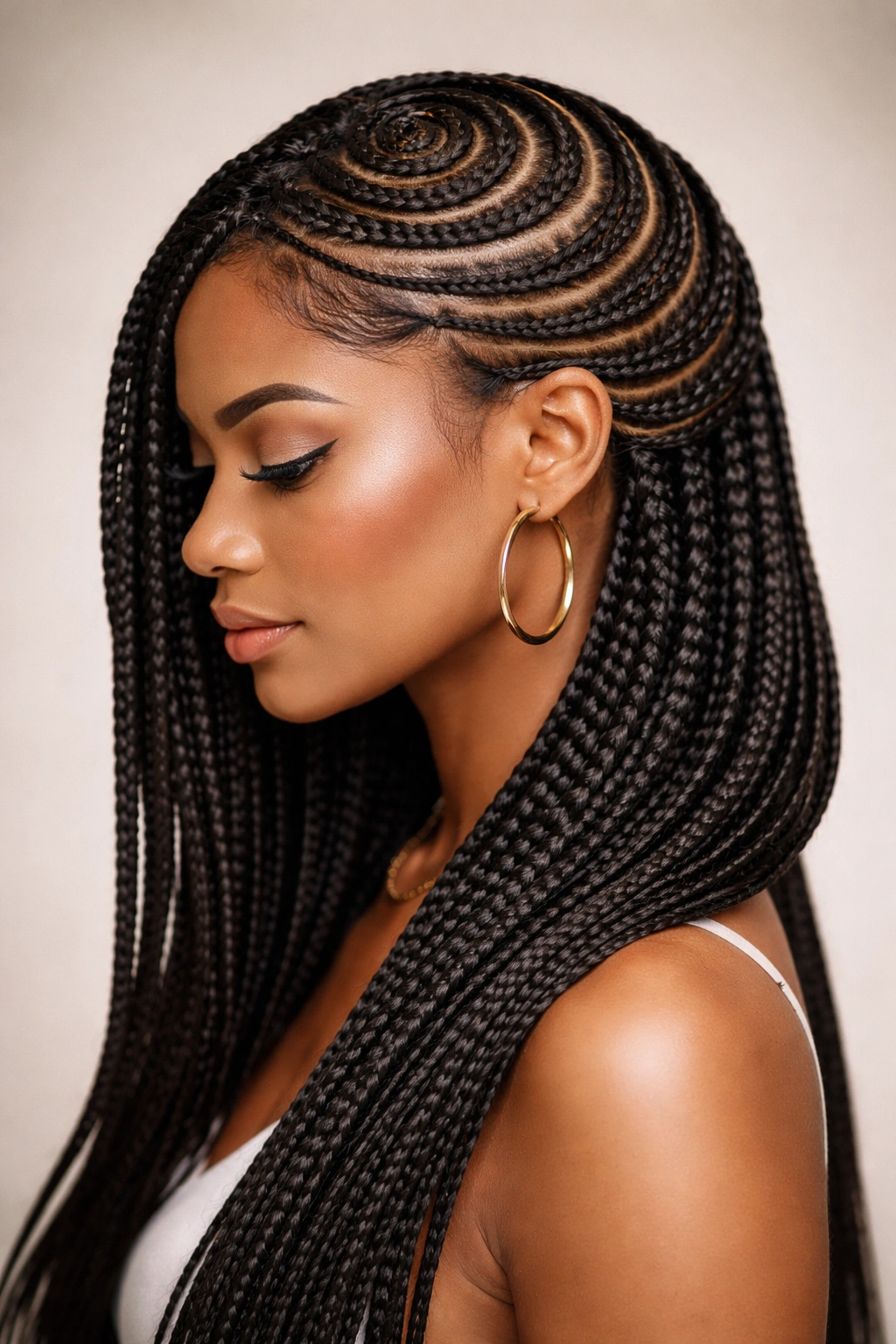Spiral cornrows wrapping around the head with side cornrows on long hair