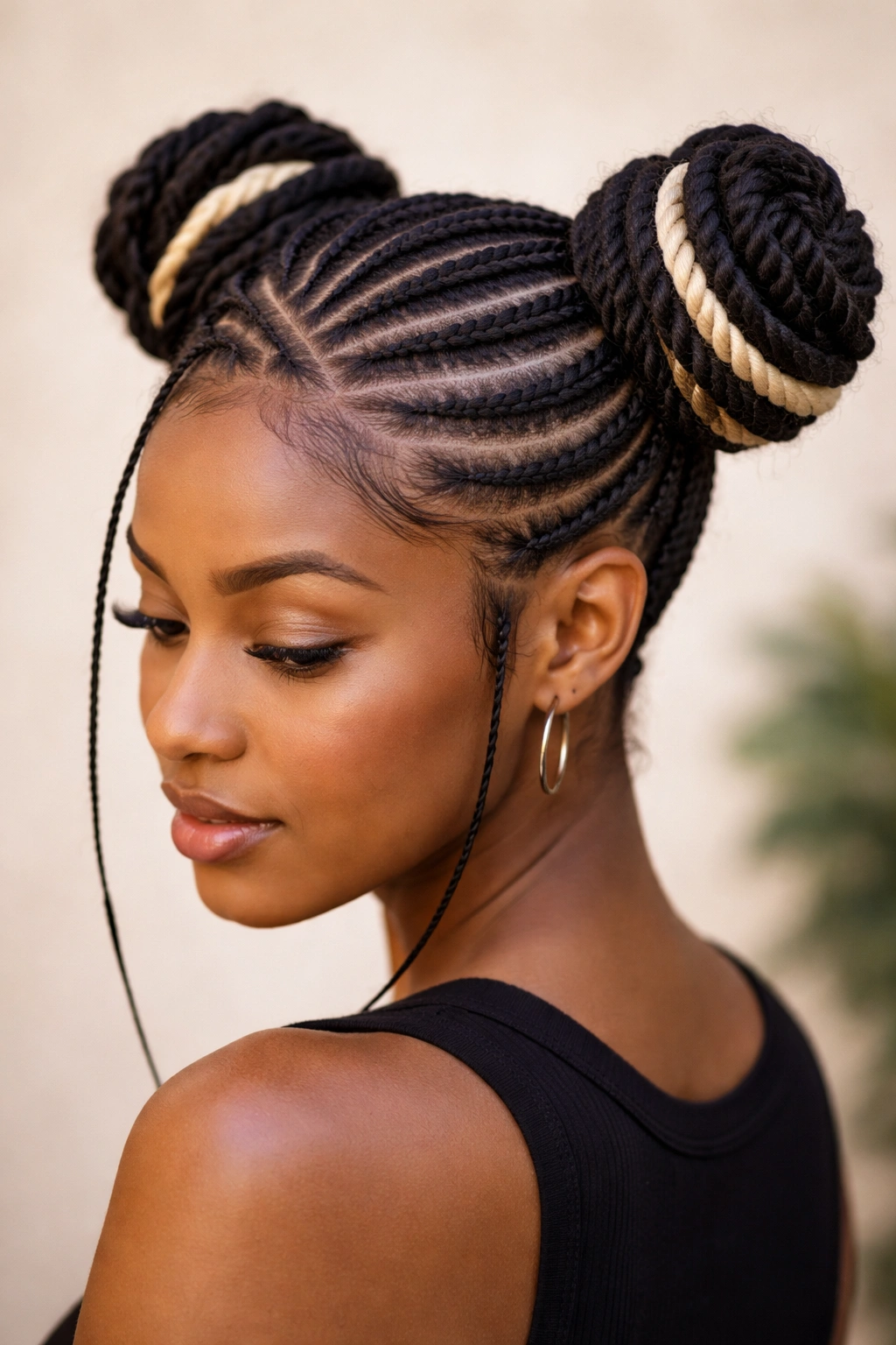 Spiral cornrows leading to wrapped buns on the sides of the head