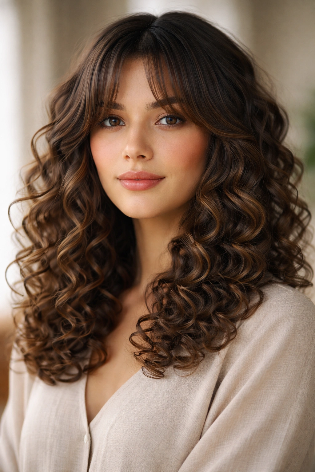 Portrait of hair with shoulder-length curtain bangs and defined spiral curls